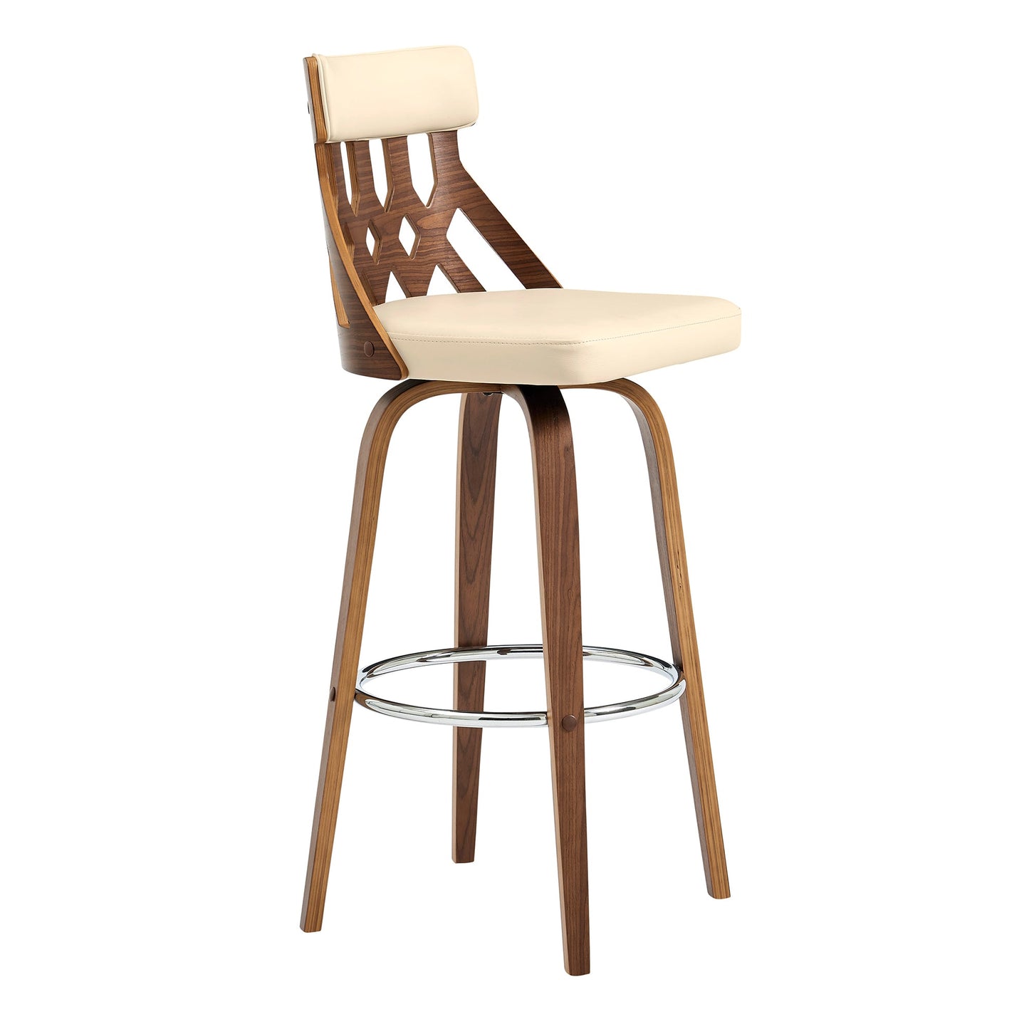 Crux 30" Swivel Bar Stool in Cream Faux Leather and Walnut Wood