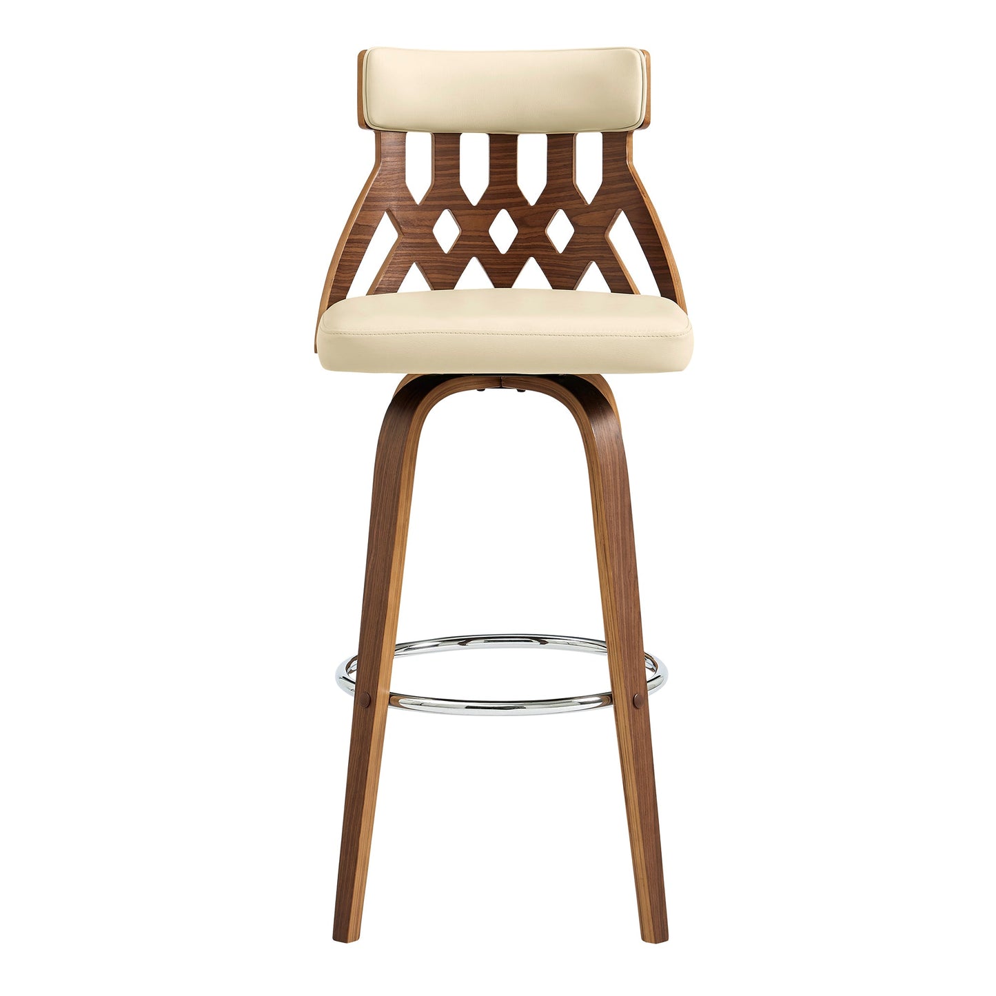 Crux 30" Swivel Bar Stool in Cream Faux Leather and Walnut Wood