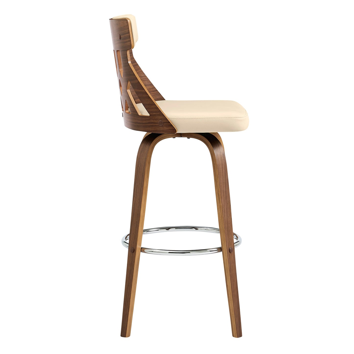 Crux 30" Swivel Bar Stool in Cream Faux Leather and Walnut Wood