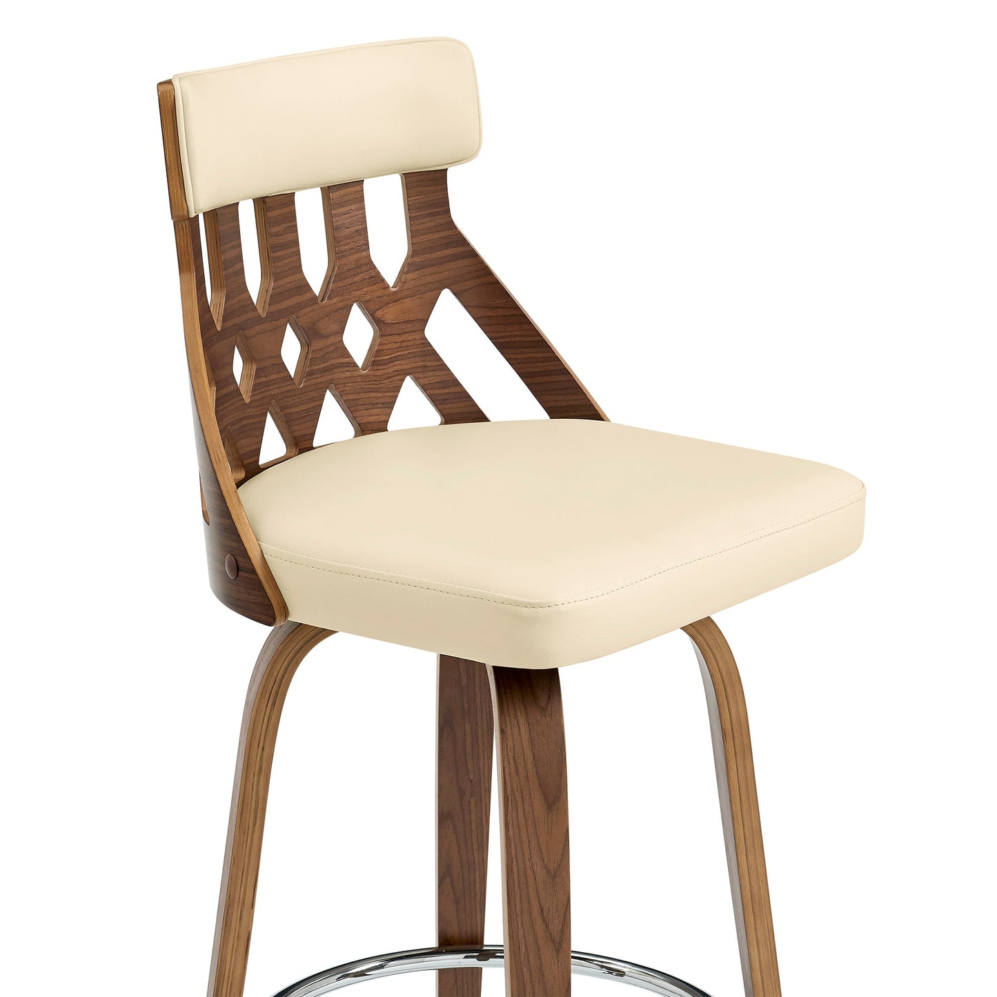 Crux 30" Swivel Bar Stool in Cream Faux Leather and Walnut Wood