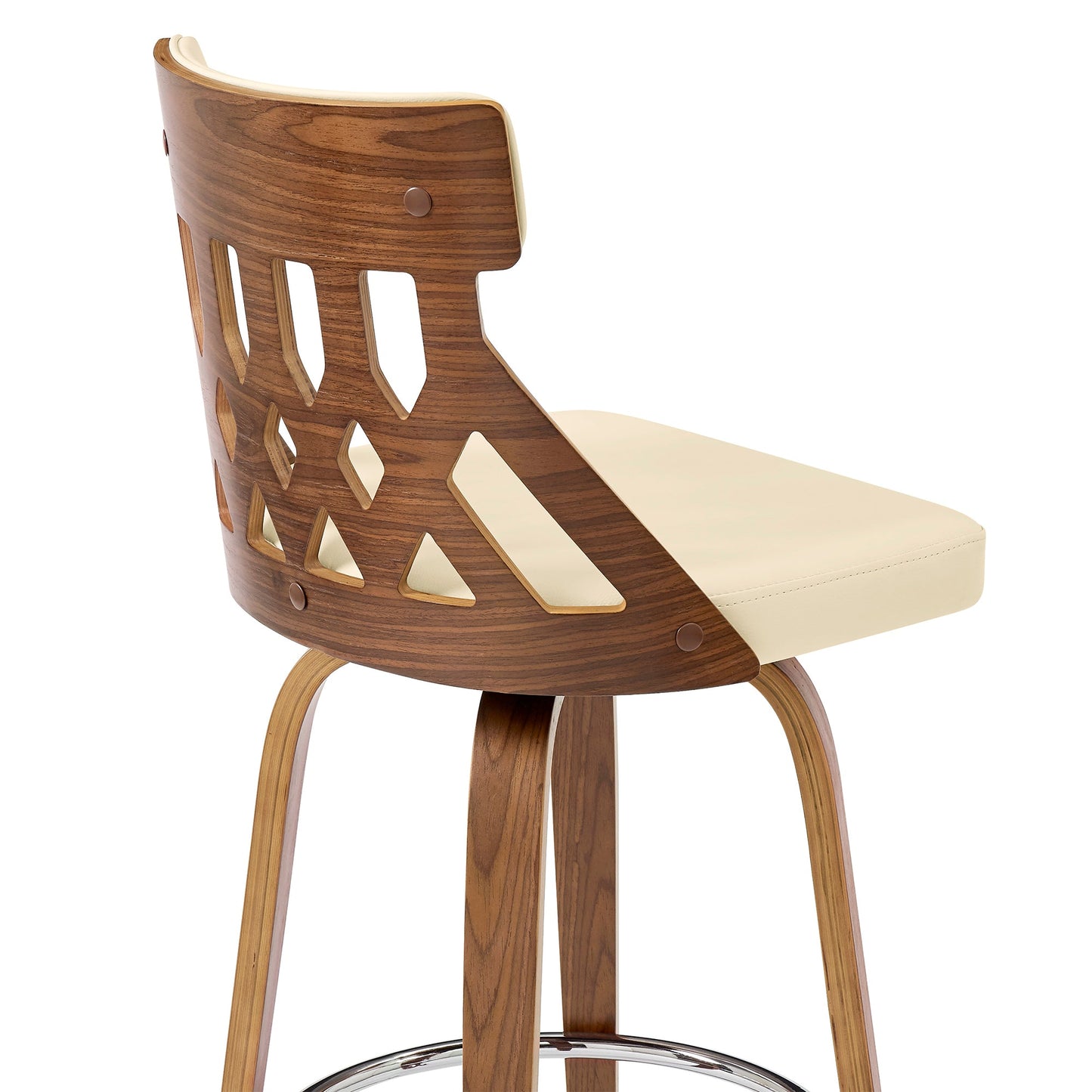 Crux 30" Swivel Bar Stool in Cream Faux Leather and Walnut Wood