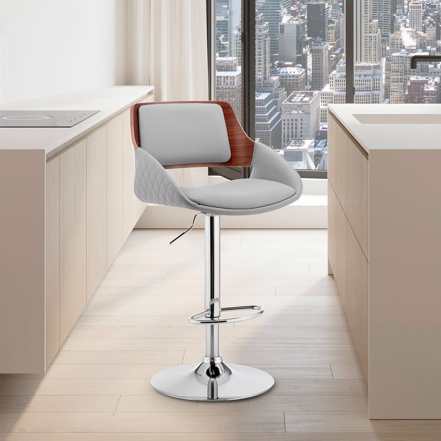 Colby Adjustable Gray Faux Leather and Chrome Finish Bar Stool