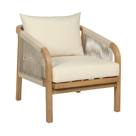 Cypress Outdoor Patio Chair in Blonde Eucalyptus Wood and Light Gray Rope with Ivory Olefin Cushions