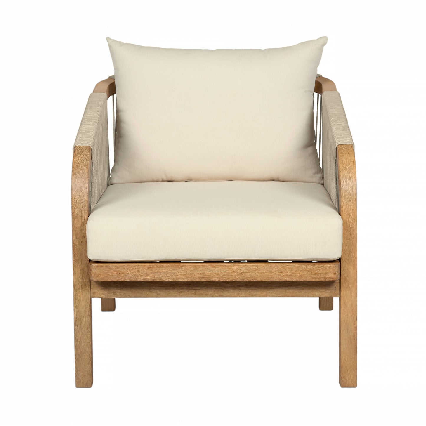 Cypress Outdoor Patio Chair in Blonde Eucalyptus Wood and Light Gray Rope with Ivory Olefin Cushions