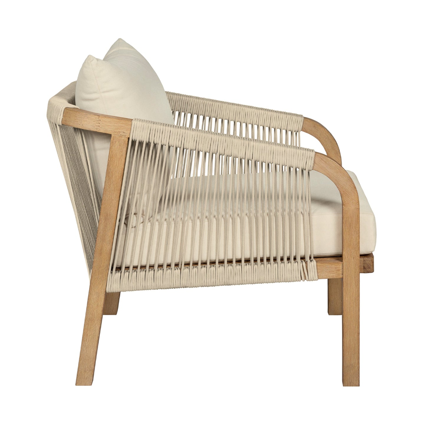 Cypress Outdoor Patio Chair in Blonde Eucalyptus Wood and Light Gray Rope with Ivory Olefin Cushions