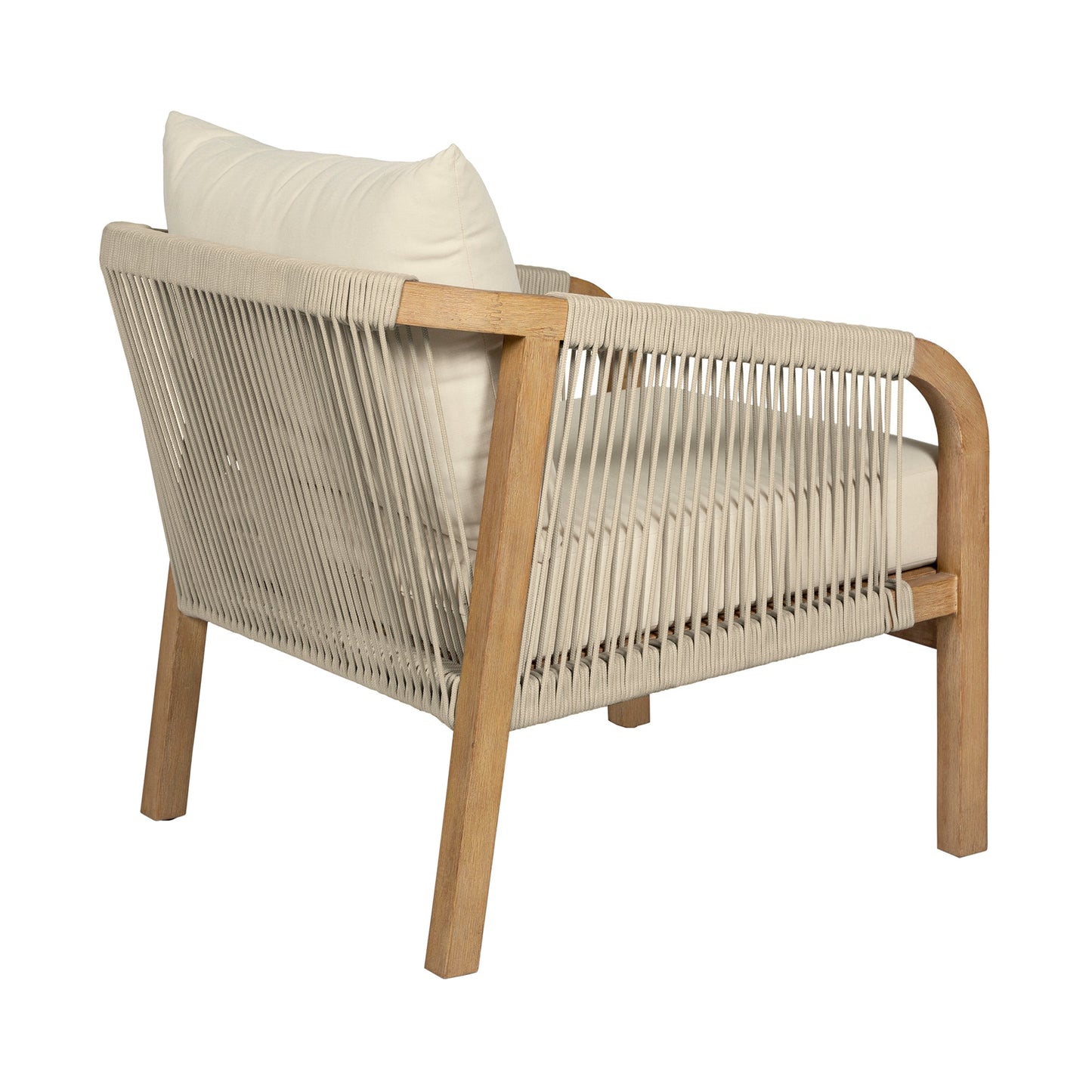 Cypress Outdoor Patio Chair in Blonde Eucalyptus Wood and Light Gray Rope with Ivory Olefin Cushions