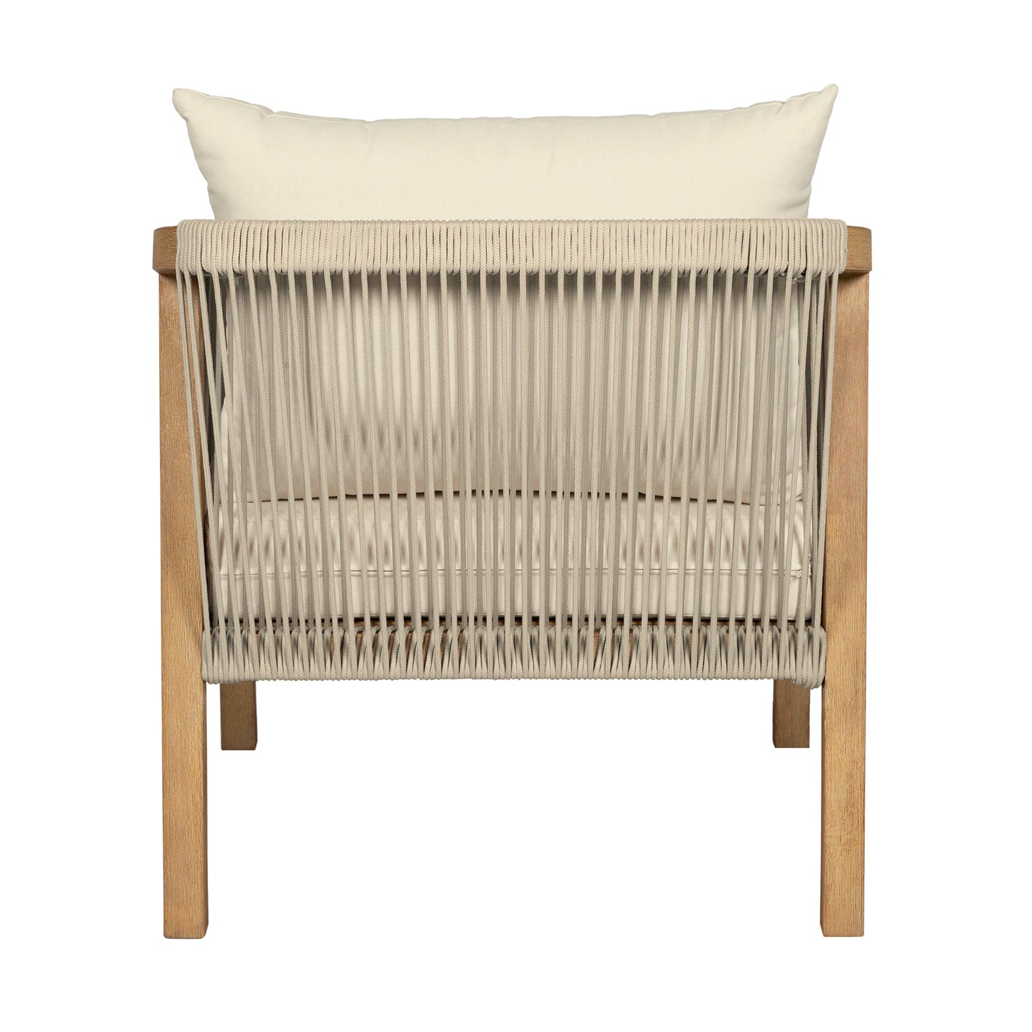 Cypress Outdoor Patio Chair in Blonde Eucalyptus Wood and Light Gray Rope with Ivory Olefin Cushions