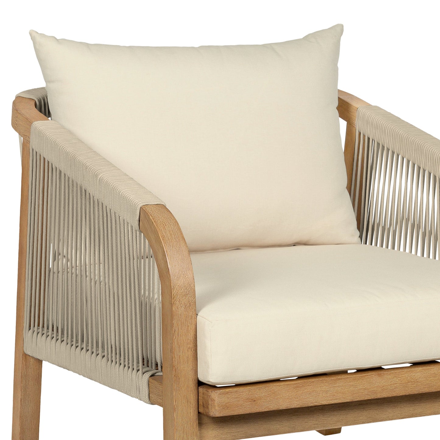 Cypress Outdoor Patio Chair in Blonde Eucalyptus Wood and Light Gray Rope with Ivory Olefin Cushions