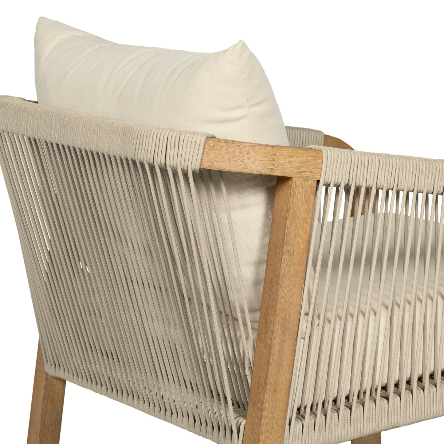 Cypress Outdoor Patio Chair in Blonde Eucalyptus Wood and Light Gray Rope with Ivory Olefin Cushions