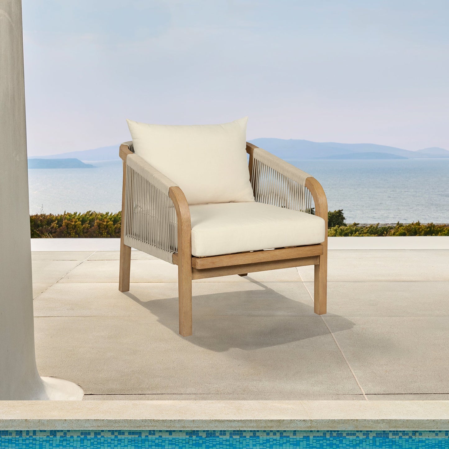 Cypress Outdoor Patio Chair in Blonde Eucalyptus Wood and Light Gray Rope with Ivory Olefin Cushions