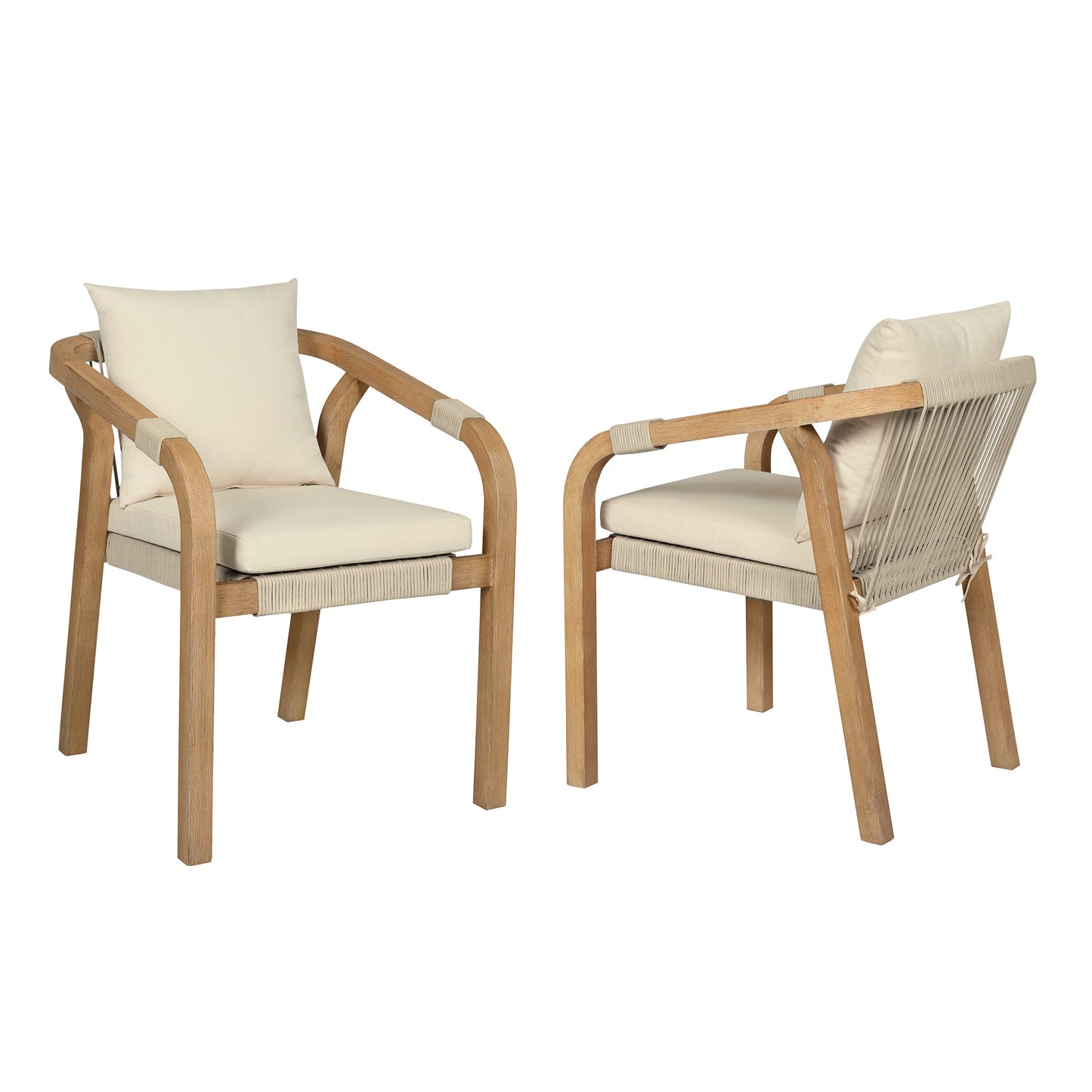 Cypress Outdoor Patio Dining Chair in Blonde Eucalyptus Wood and Light Gray Rope with Ivory Cushions - Set of 2