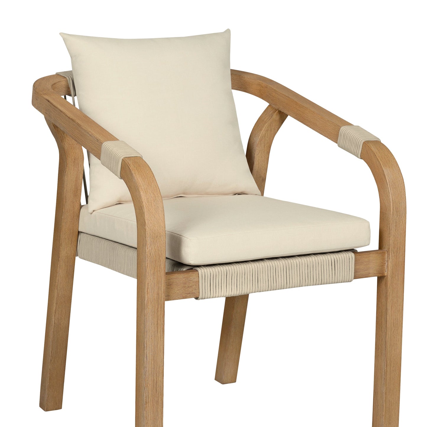 Cypress Outdoor Patio Dining Chair in Blonde Eucalyptus Wood and Light Gray Rope with Ivory Cushions - Set of 2