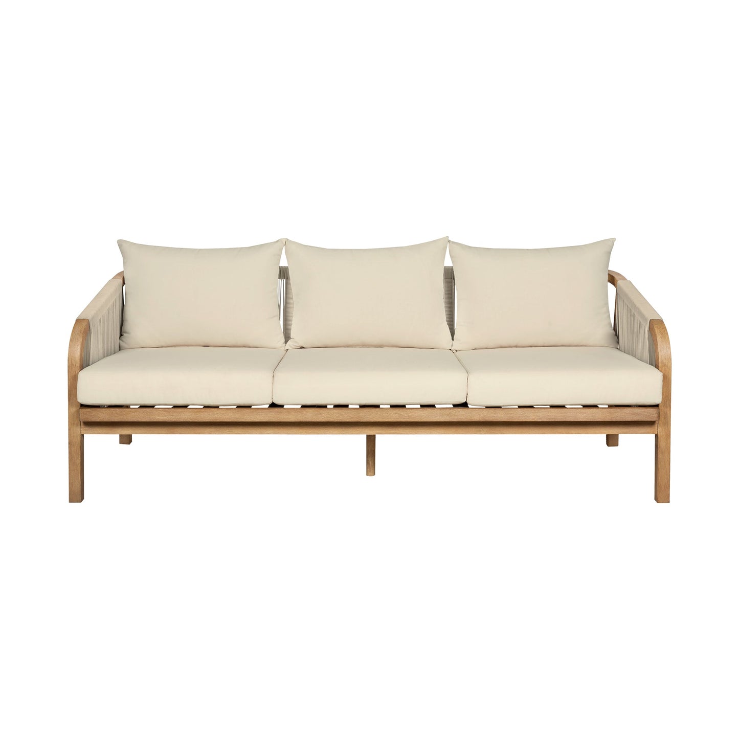 Cypress Outdoor Patio Sofa in Blonde Eucalyptus Wood and Light Gray Rope with Ivory Olefin Cushions