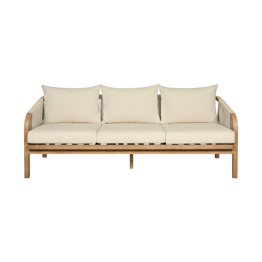 Cypress Outdoor Patio Sofa in Blonde Eucalyptus Wood and Light Gray Rope with Ivory Olefin Cushions