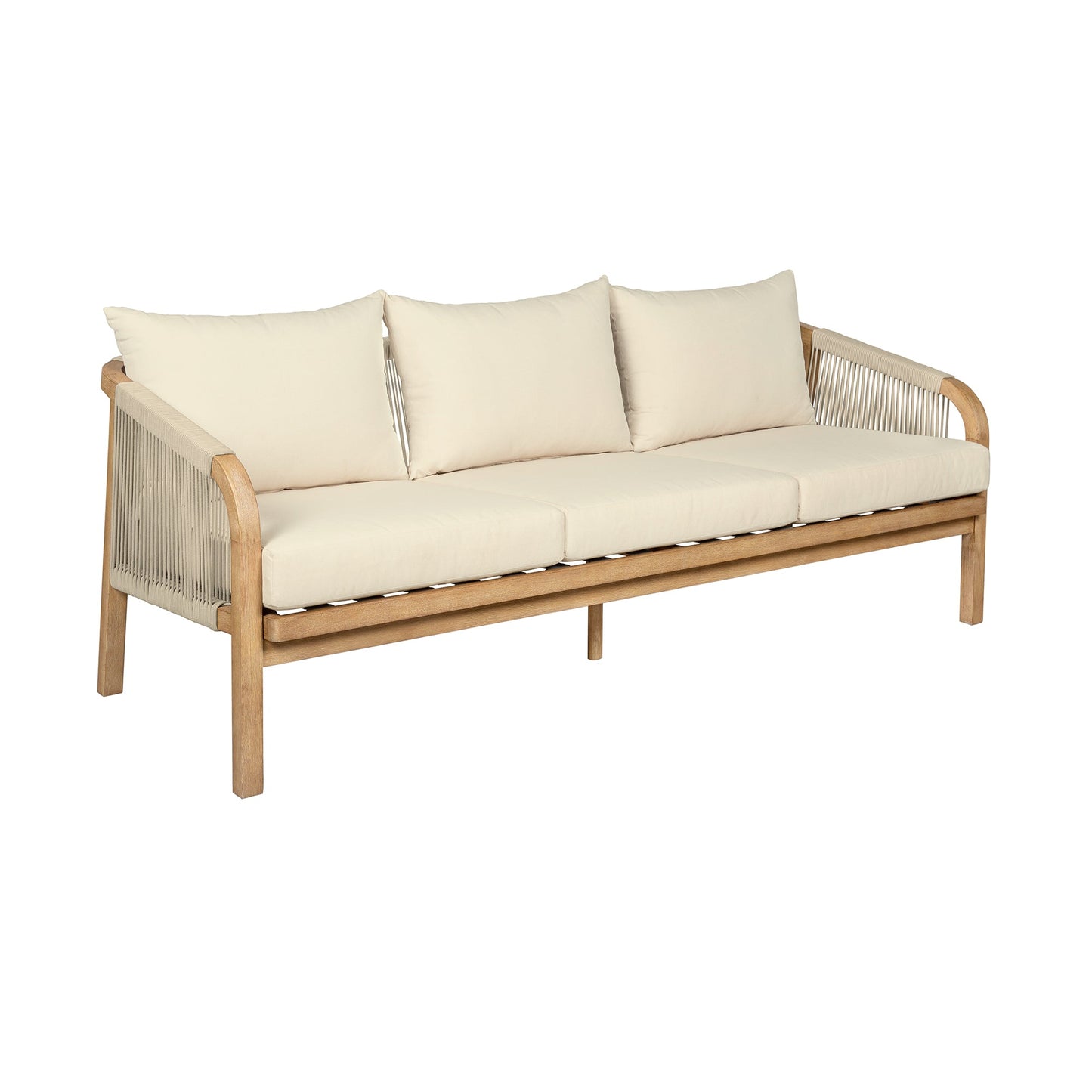 Cypress Outdoor Patio Sofa in Blonde Eucalyptus Wood and Light Gray Rope with Ivory Olefin Cushions