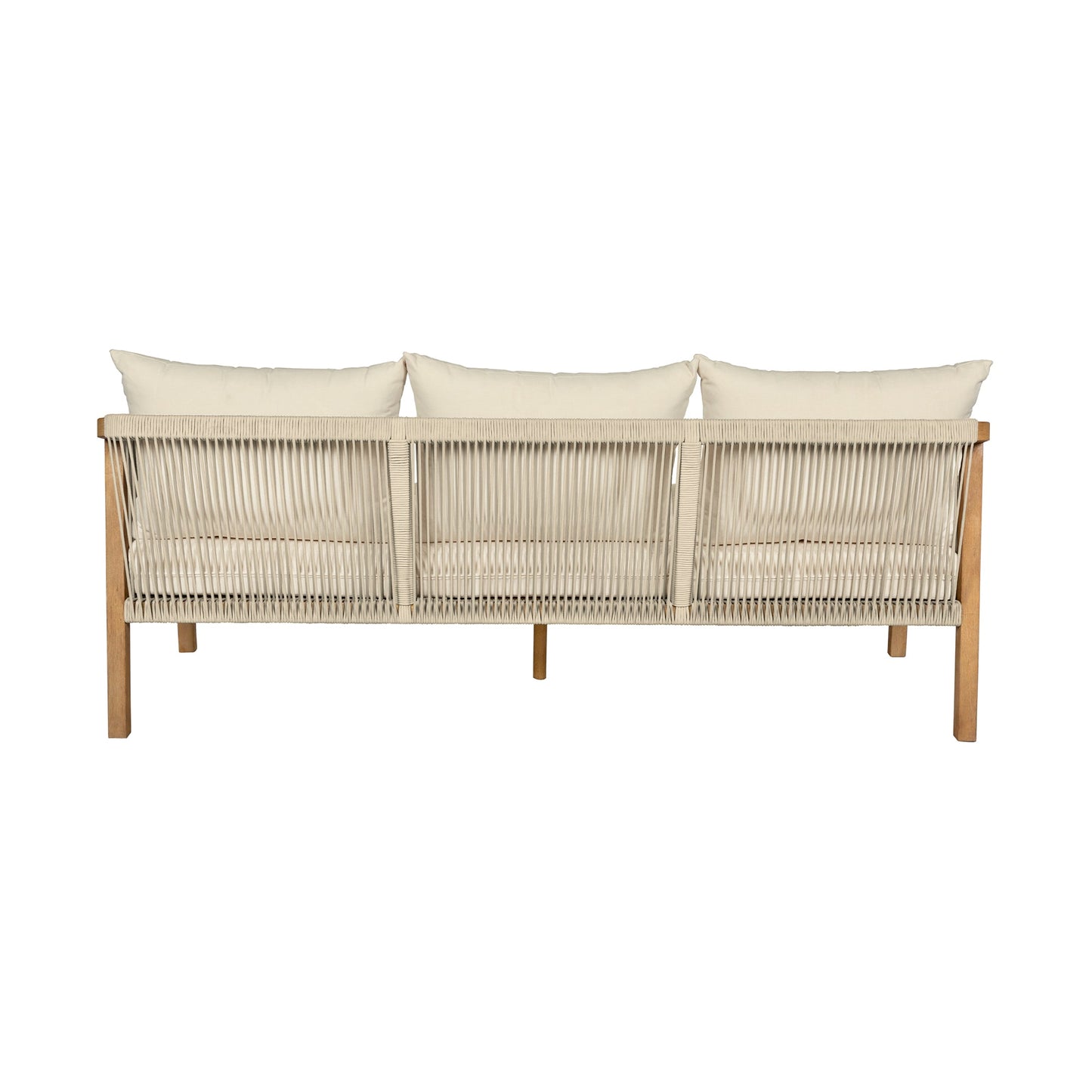 Cypress Outdoor Patio Sofa in Blonde Eucalyptus Wood and Light Gray Rope with Ivory Olefin Cushions