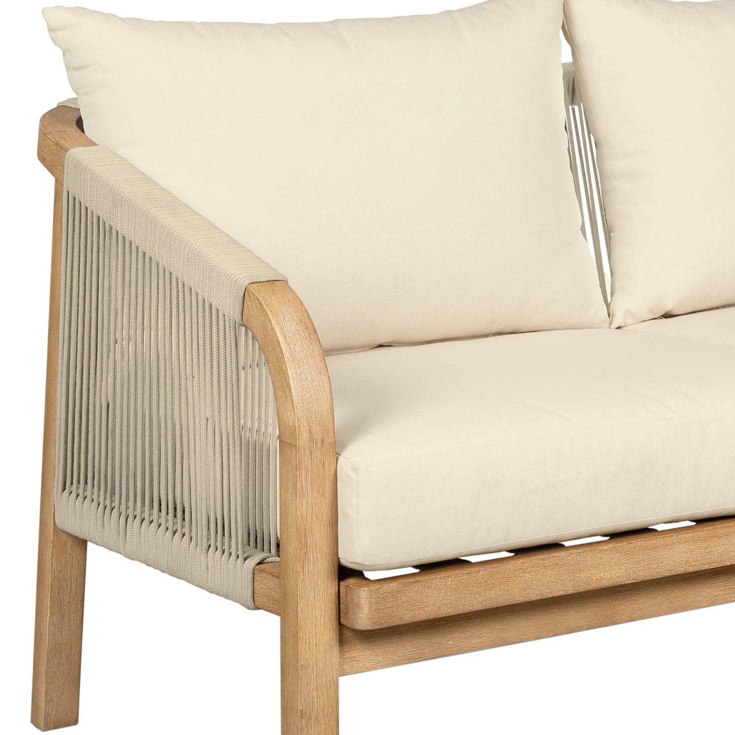 Cypress Outdoor Patio Sofa in Blonde Eucalyptus Wood and Light Gray Rope with Ivory Olefin Cushions