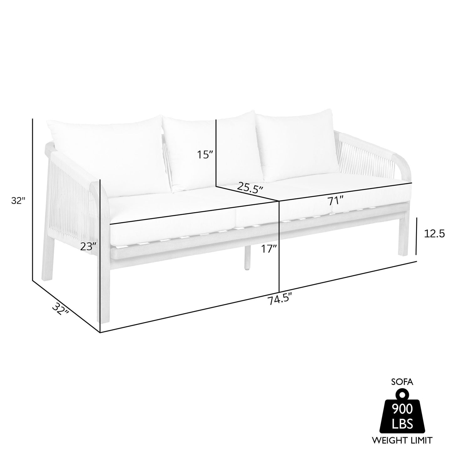 Cypress Outdoor Patio Sofa in Blonde Eucalyptus Wood and Light Gray Rope with Ivory Olefin Cushions