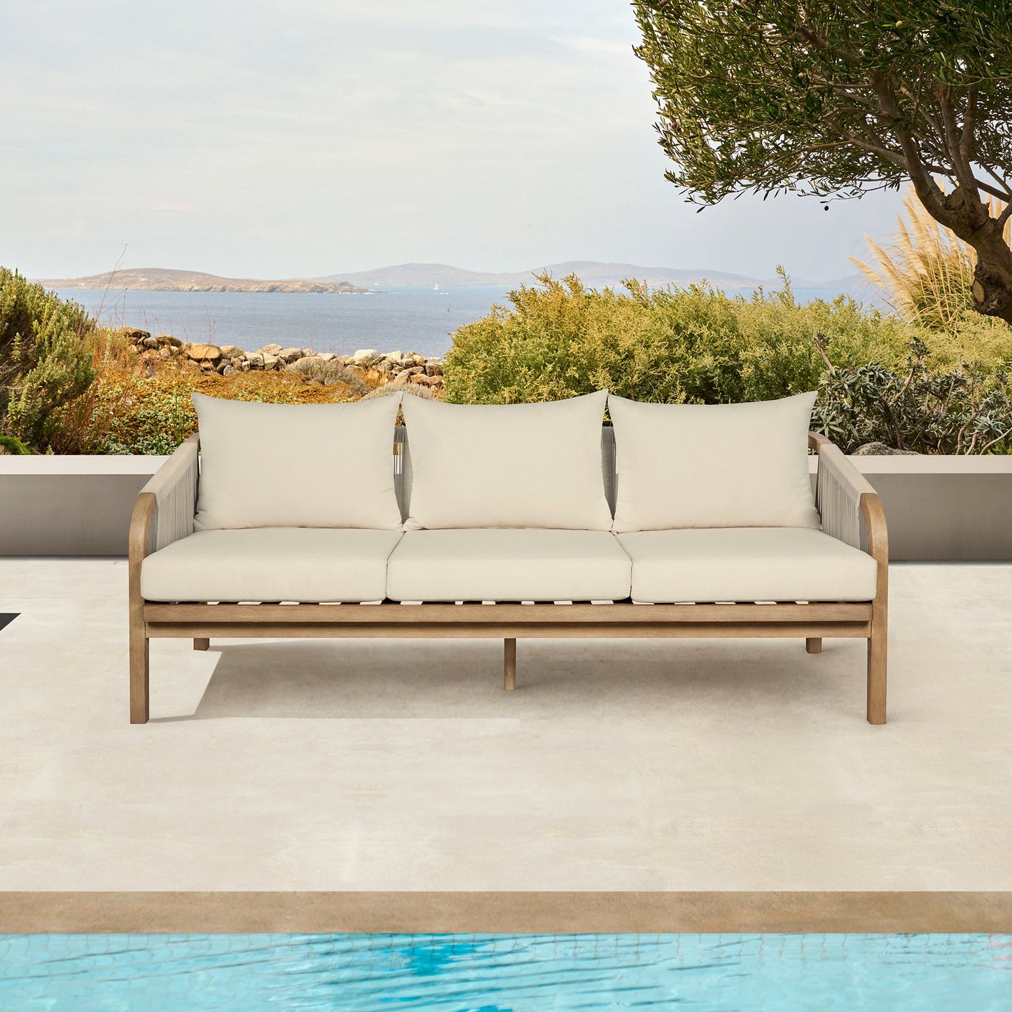 Cypress Outdoor Patio Sofa in Blonde Eucalyptus Wood and Light Gray Rope with Ivory Olefin Cushions