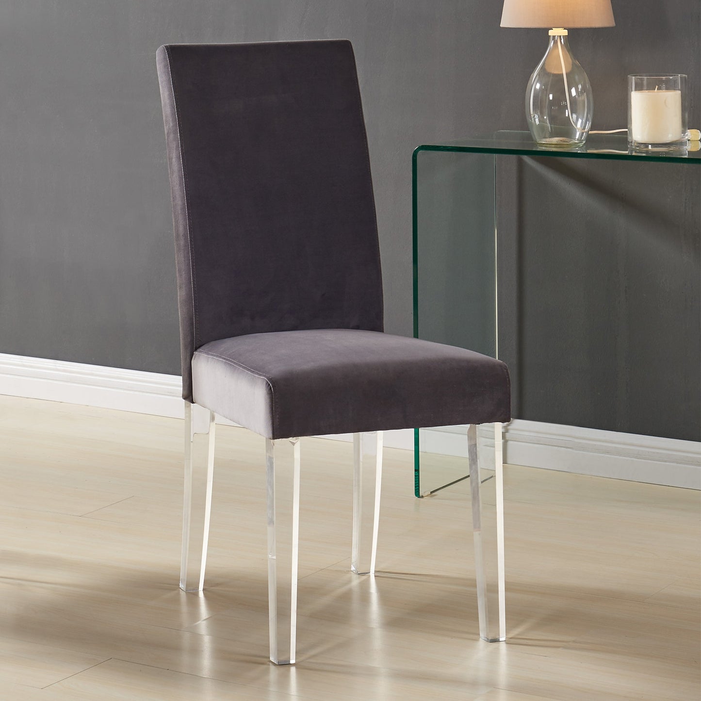 Dalia Modern and Contemporary Dining Chair in Gray Velvet with Acrylic Legs - Set of 2