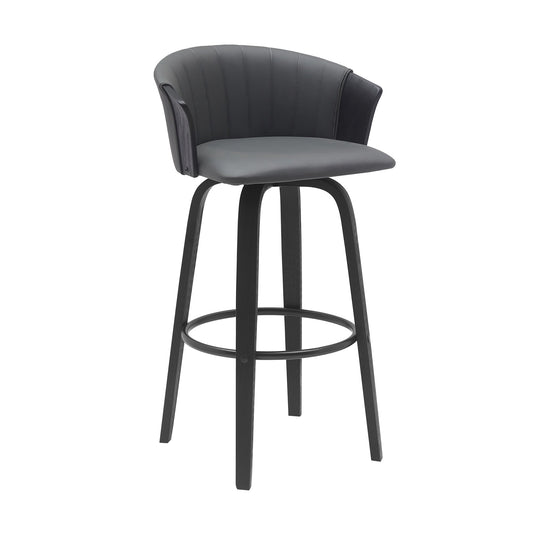 Diana 30" Swivel Black Wood Bar Stool in Gray Faux Leather