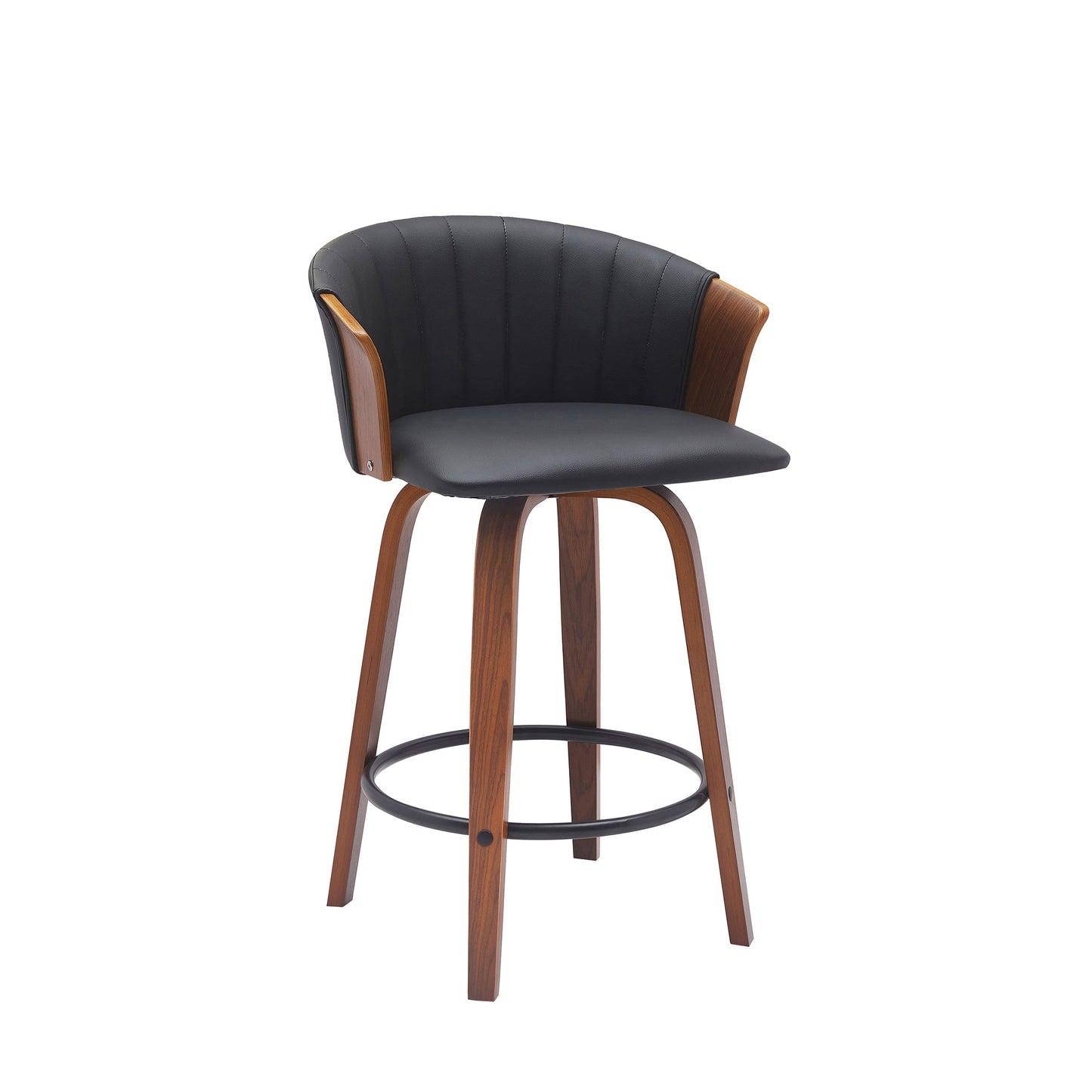 Diana 26" Swivel Walnut Wood Counter Stool in Black Faux Leather