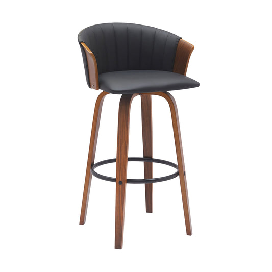 Diana 30" Swivel Walnut Wood Bar Stool in Black Faux Leather