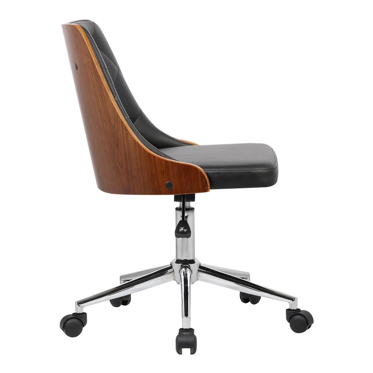 Diamond Mid-Century Office Chair in Chrome finish with Tufted Black Faux Leather and Walnut Veneer Back