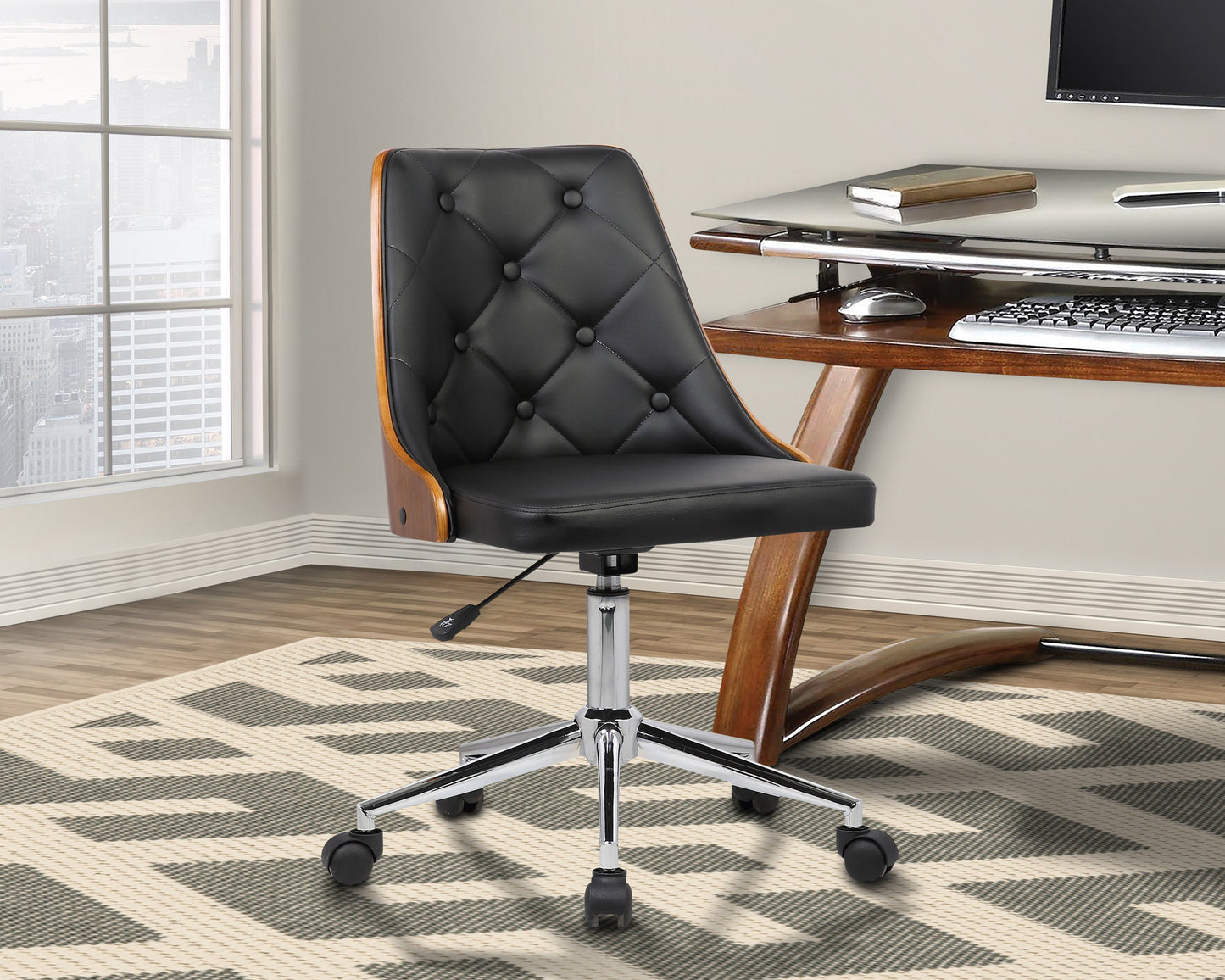 Diamond Mid-Century Office Chair in Chrome finish with Tufted Black Faux Leather and Walnut Veneer Back