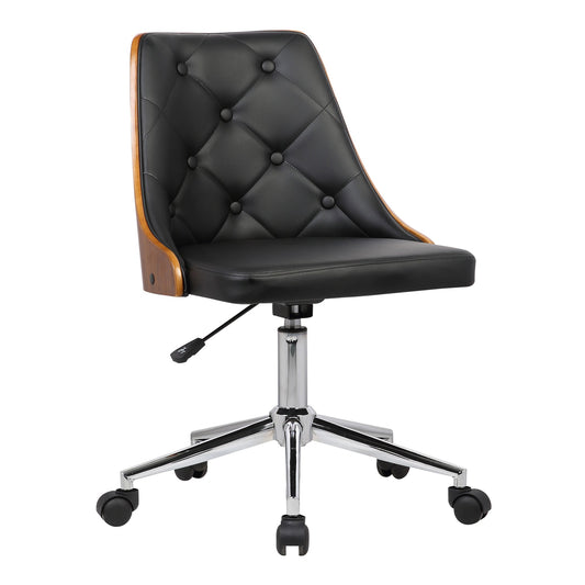 Diamond Mid-Century Office Chair in Chrome finish with Tufted Black Faux Leather and Walnut Veneer Back