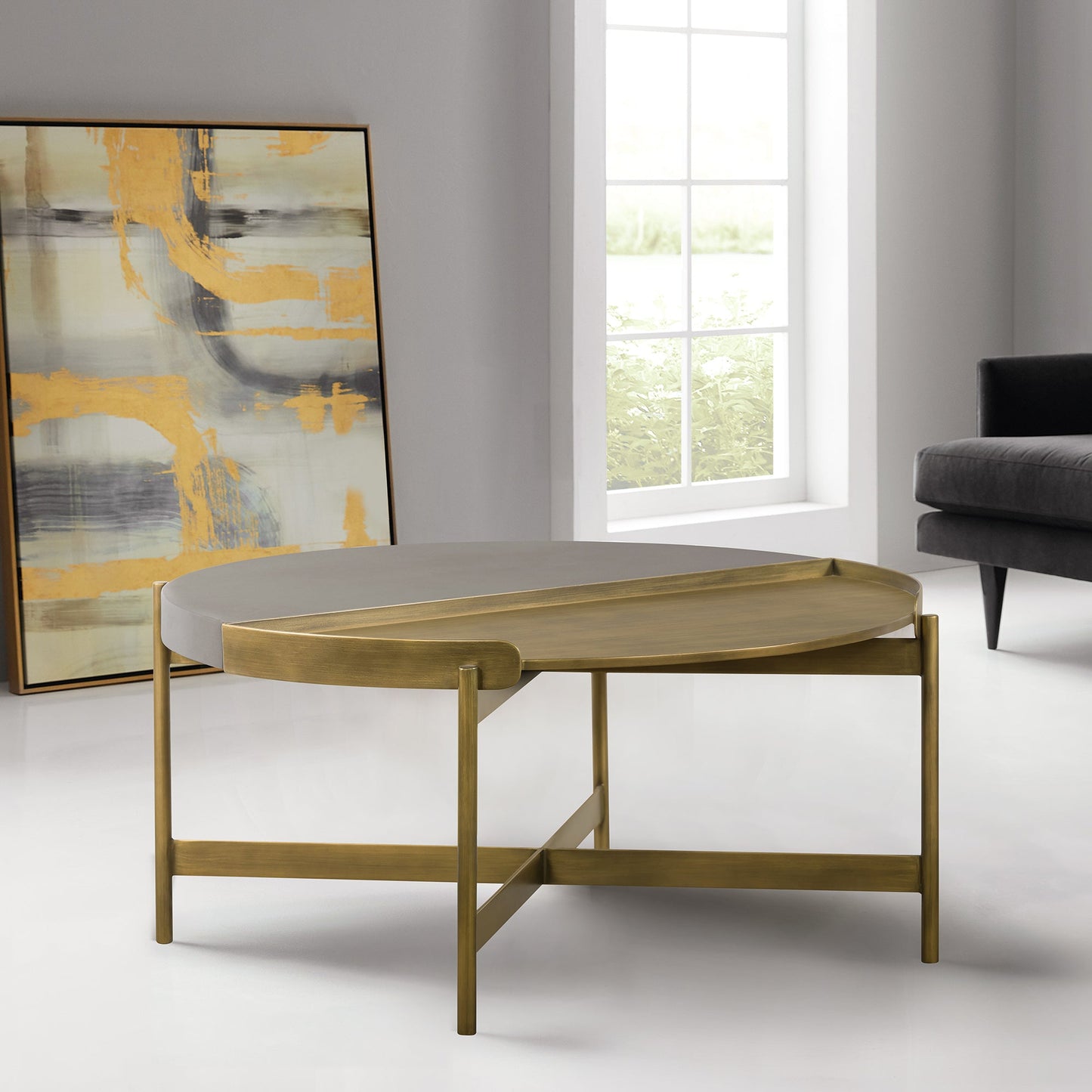 Dua Gray Concrete Coffee Table with Antique Brass