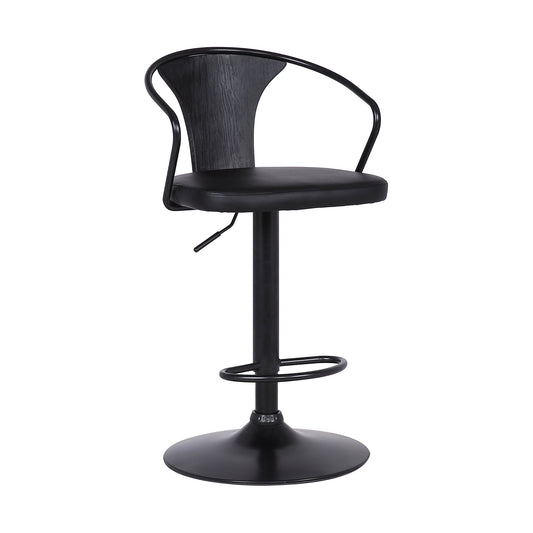 Eagle Adjustable Height Swivel Black Faux Leather and Wood Bar Stool with Black Metal Base