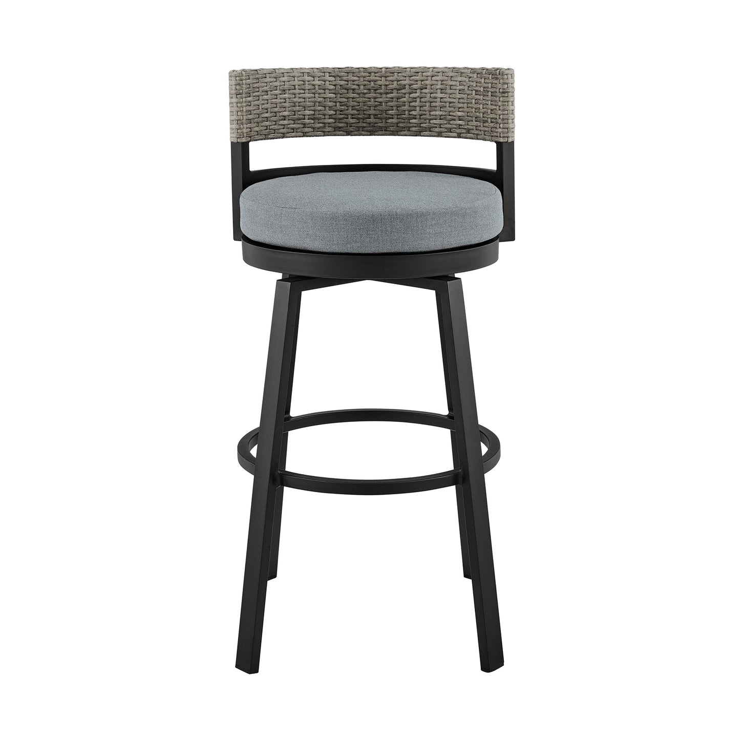 Encinitas Outdoor Patio Counter Height Swivel Bar Stool in Aluminum and Wicker with Gray Cushions