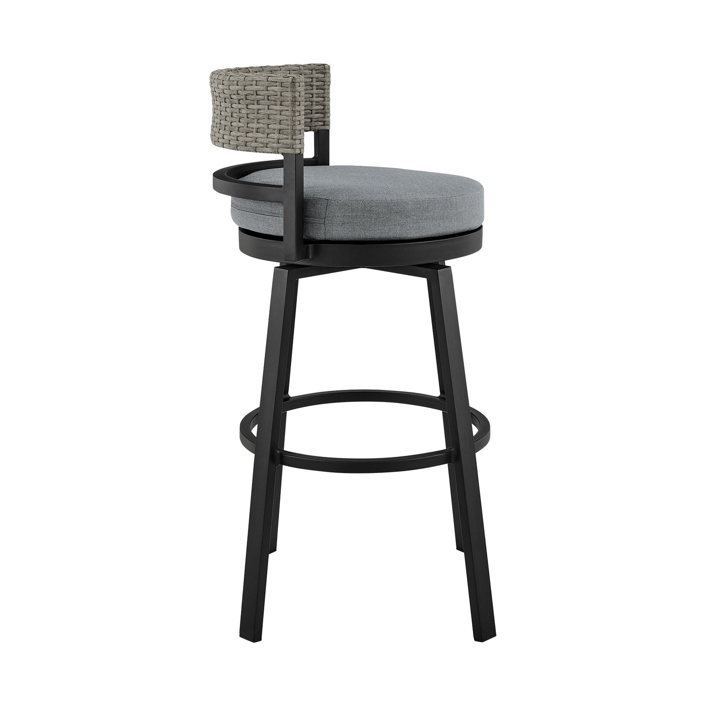 Encinitas Outdoor Patio Counter Height Swivel Bar Stool in Aluminum and Wicker with Gray Cushions