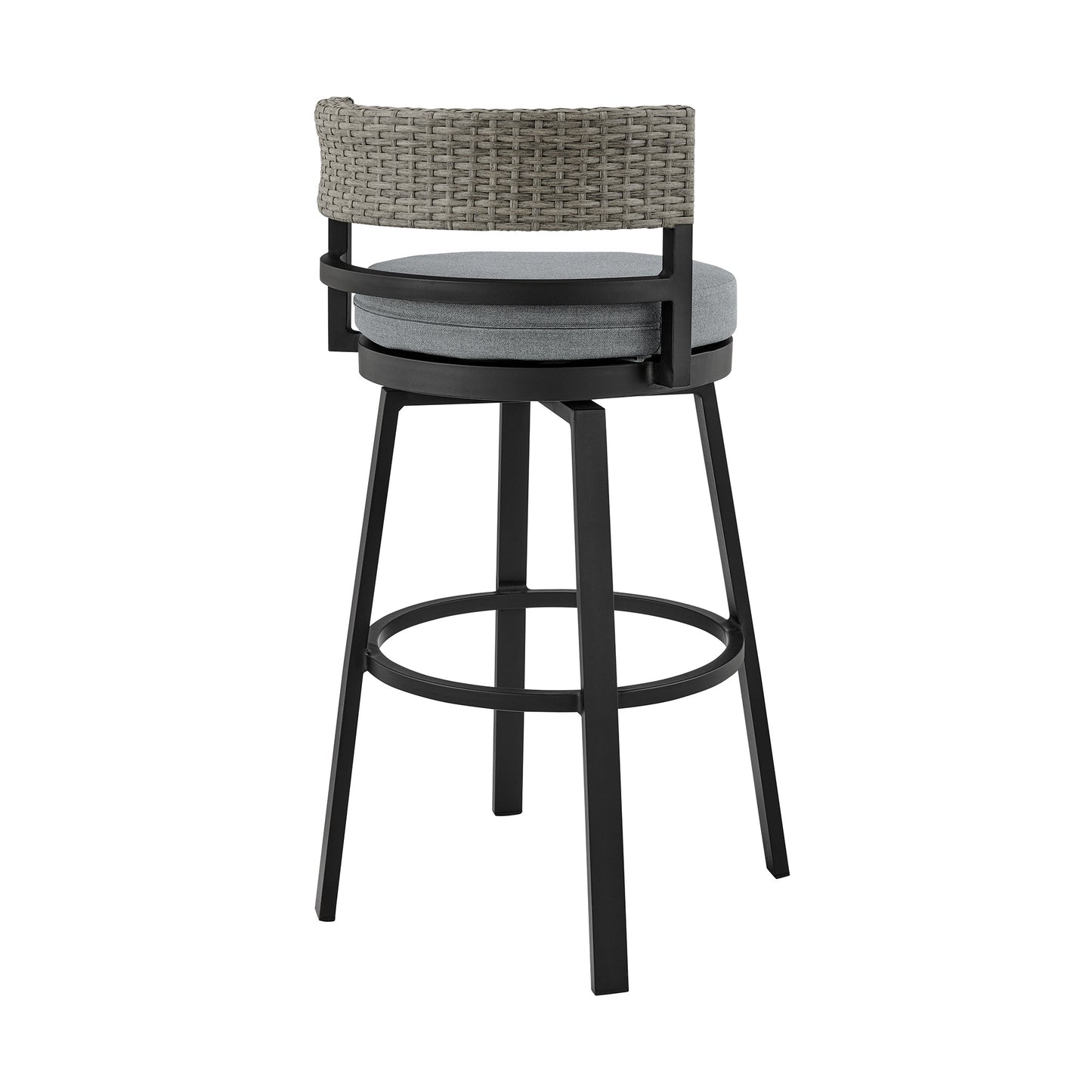 Encinitas Outdoor Patio Counter Height Swivel Bar Stool in Aluminum and Wicker with Gray Cushions