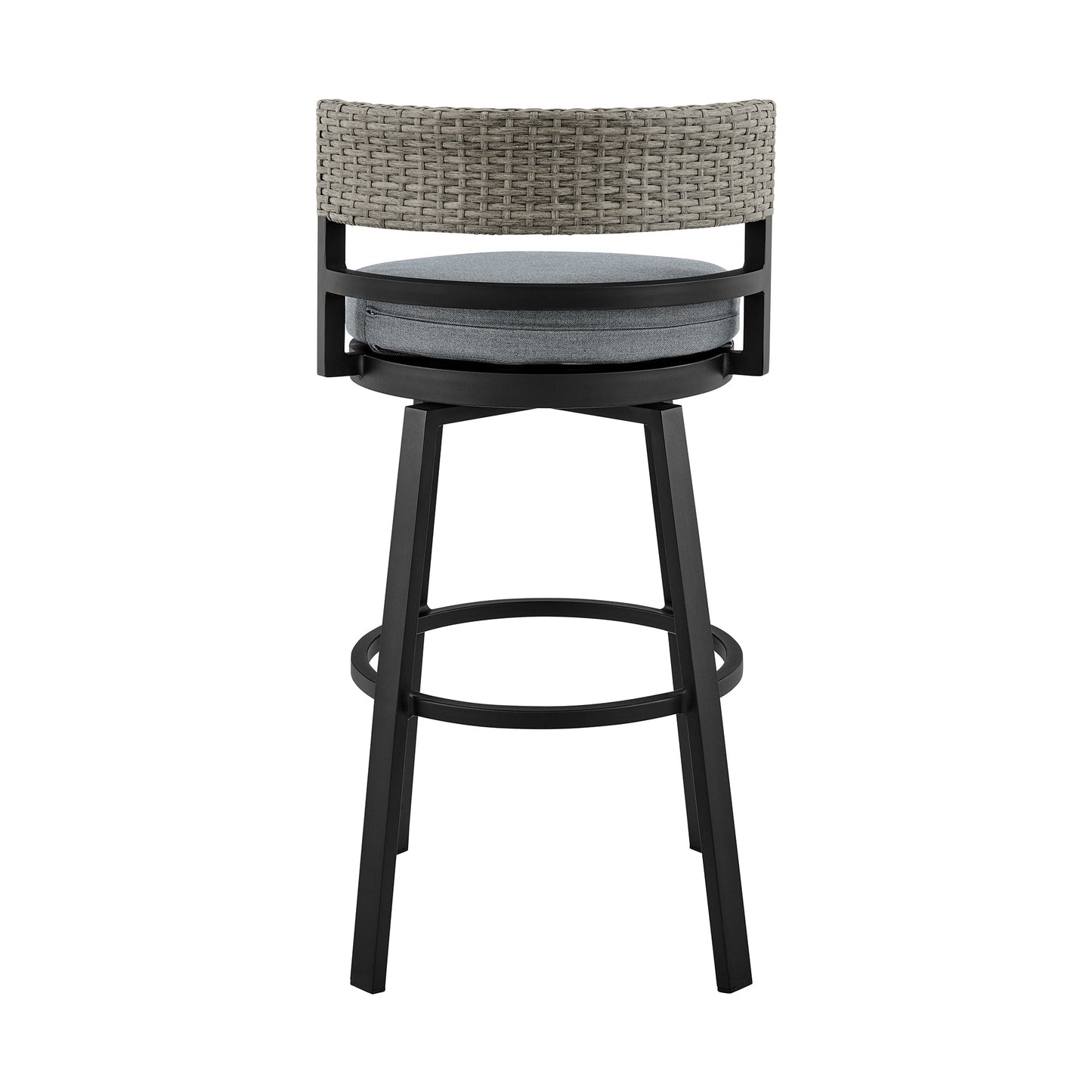 Encinitas Outdoor Patio Counter Height Swivel Bar Stool in Aluminum and Wicker with Gray Cushions