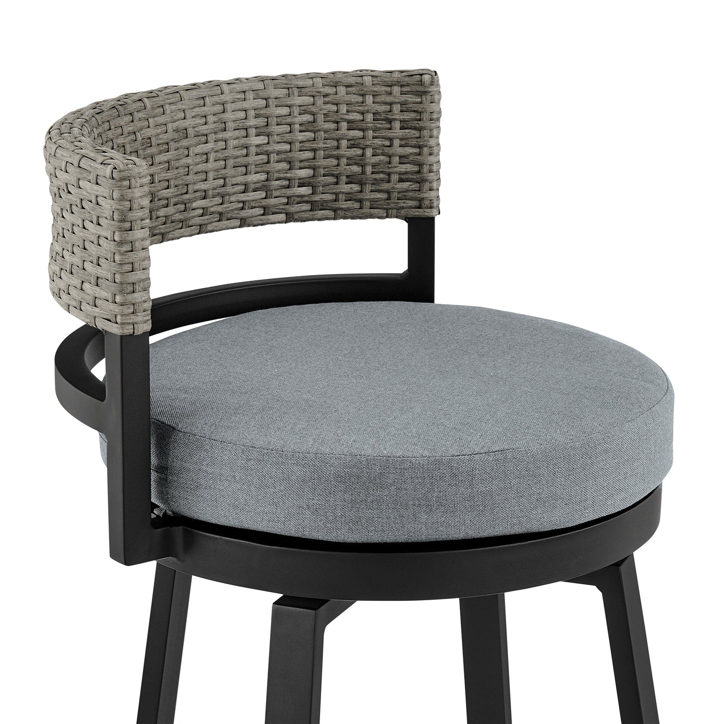 Encinitas Outdoor Patio Counter Height Swivel Bar Stool in Aluminum and Wicker with Gray Cushions