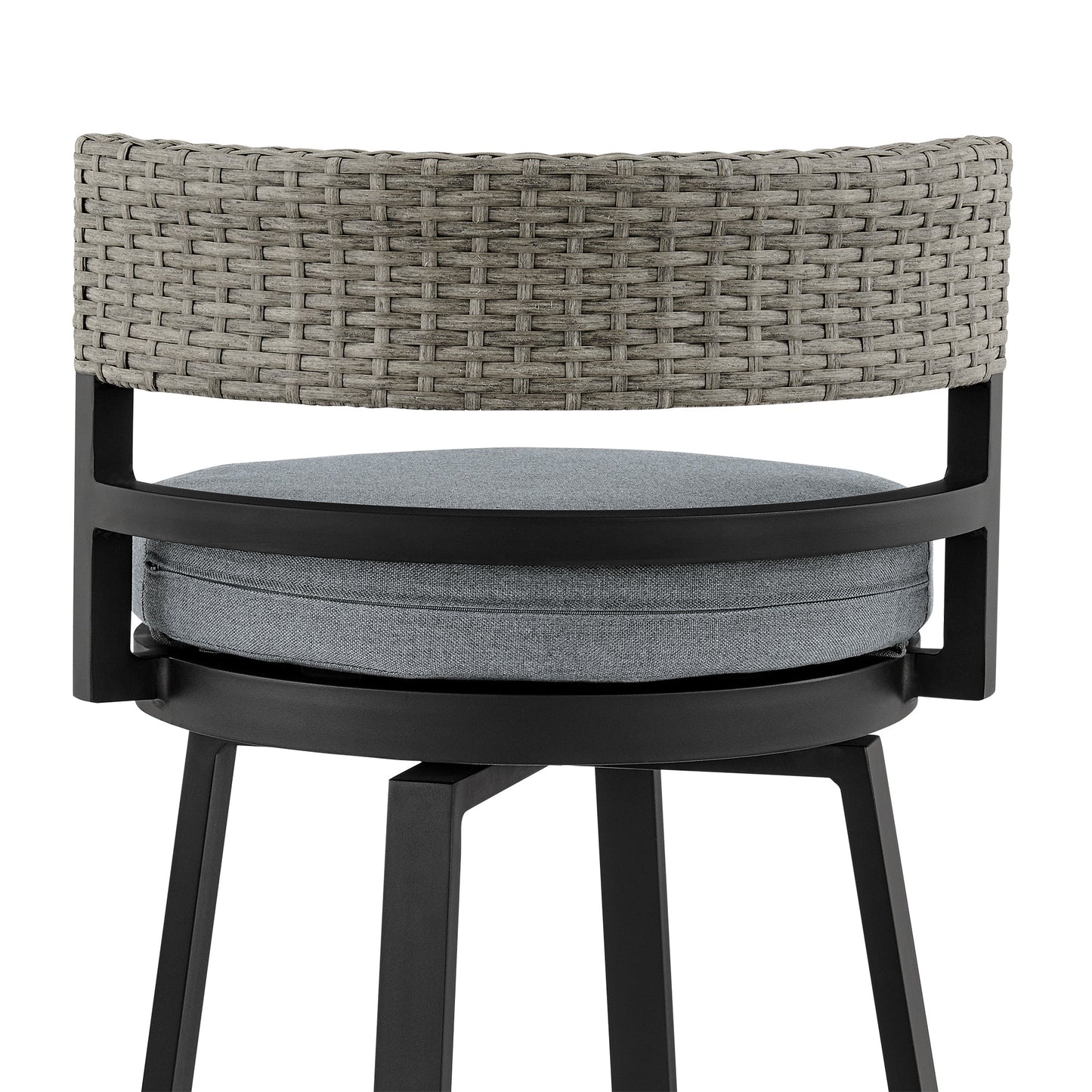 Encinitas Outdoor Patio Counter Height Swivel Bar Stool in Aluminum and Wicker with Gray Cushions