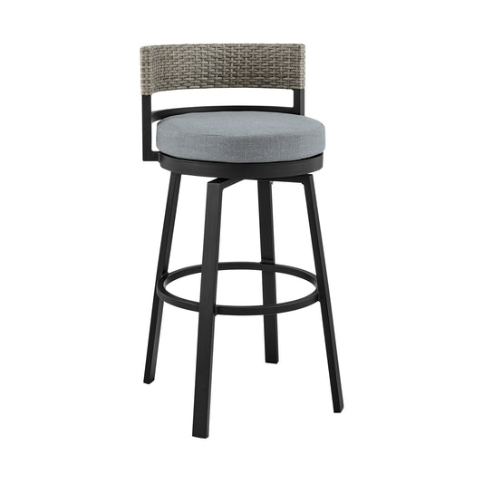 Encinitas Outdoor Patio Counter Height Swivel Bar Stool in Aluminum and Wicker with Gray Cushions