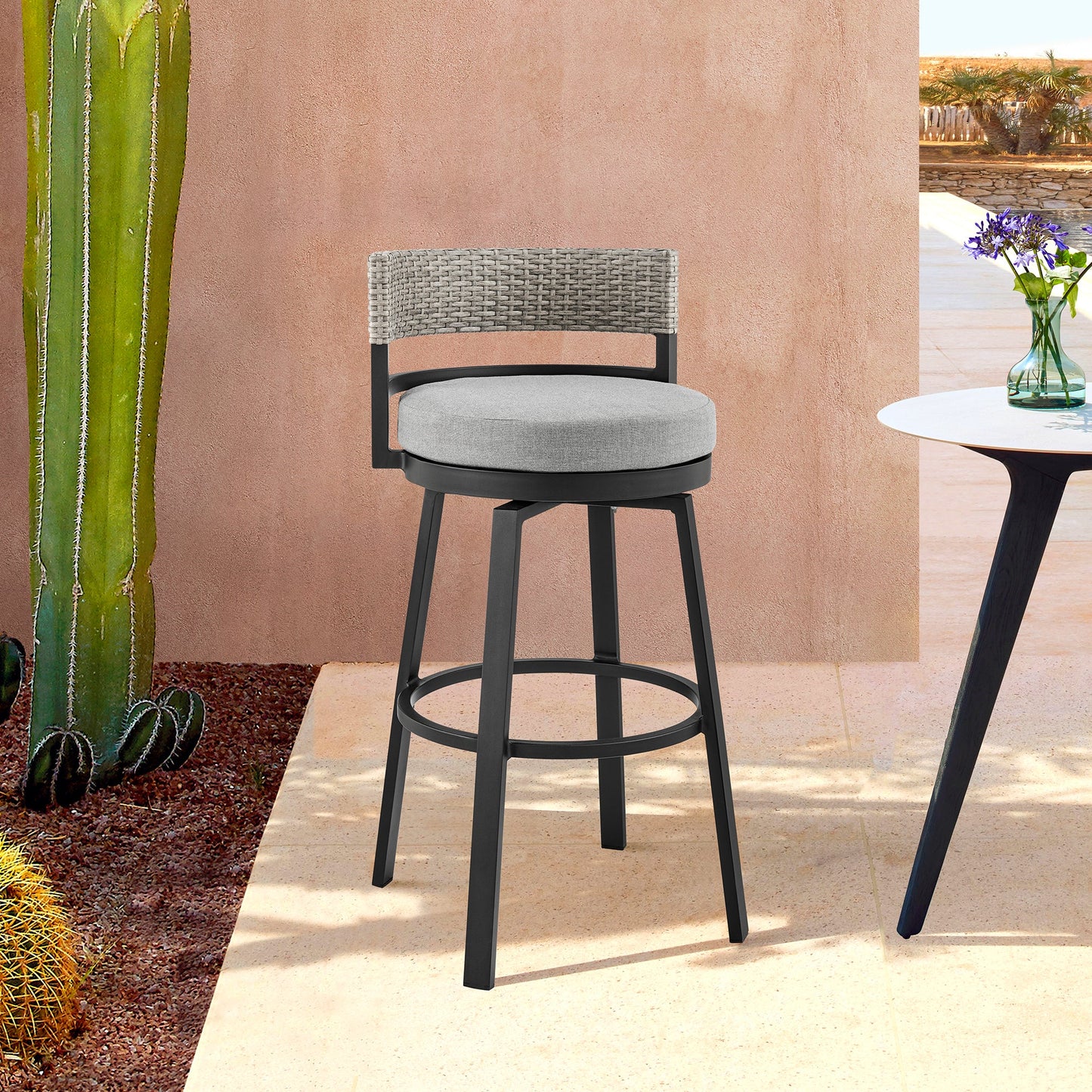 Encinitas Outdoor Patio Counter Height Swivel Bar Stool in Aluminum and Wicker with Gray Cushions