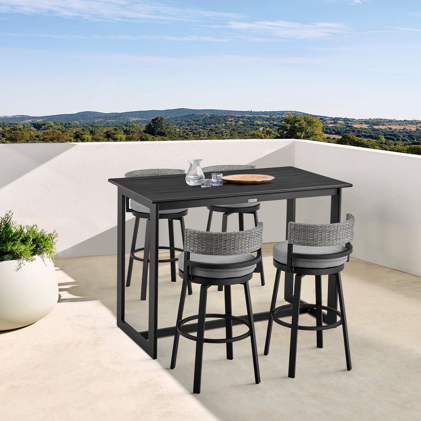 Encinitas Outdoor Patio Counter Height Swivel Bar Stool in Aluminum and Wicker with Gray Cushions