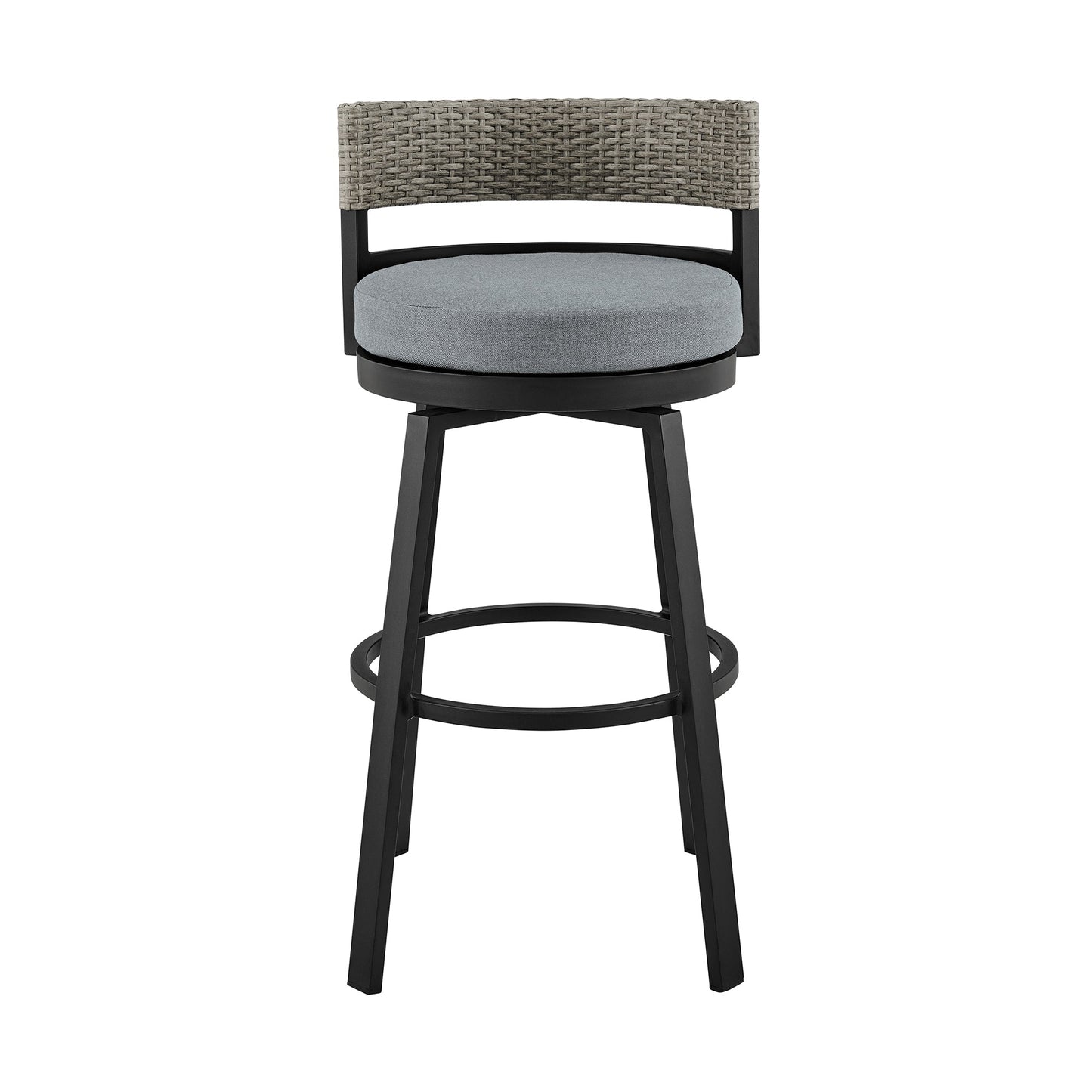 Encinitas Outdoor Patio Swivel Bar Stool in Aluminum and Wicker with Gray Cushions