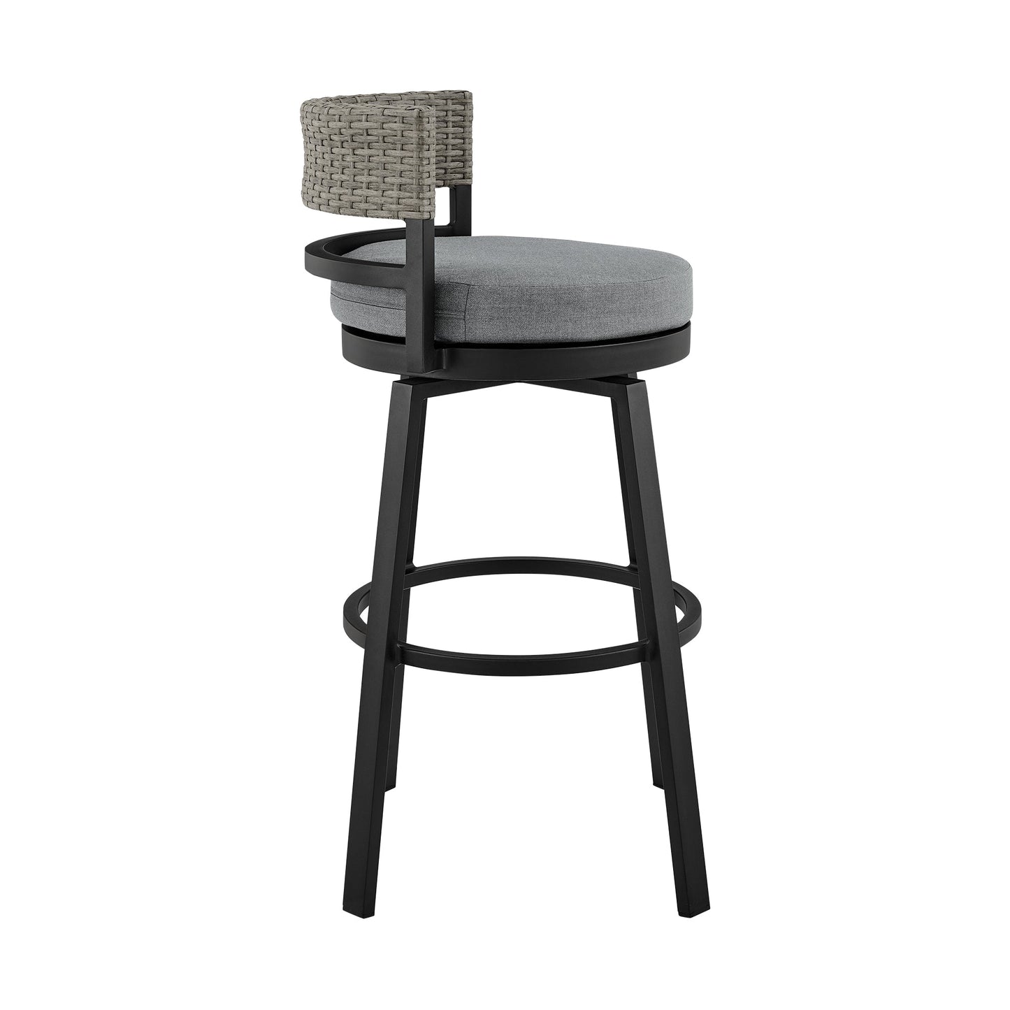 Encinitas Outdoor Patio Swivel Bar Stool in Aluminum and Wicker with Gray Cushions