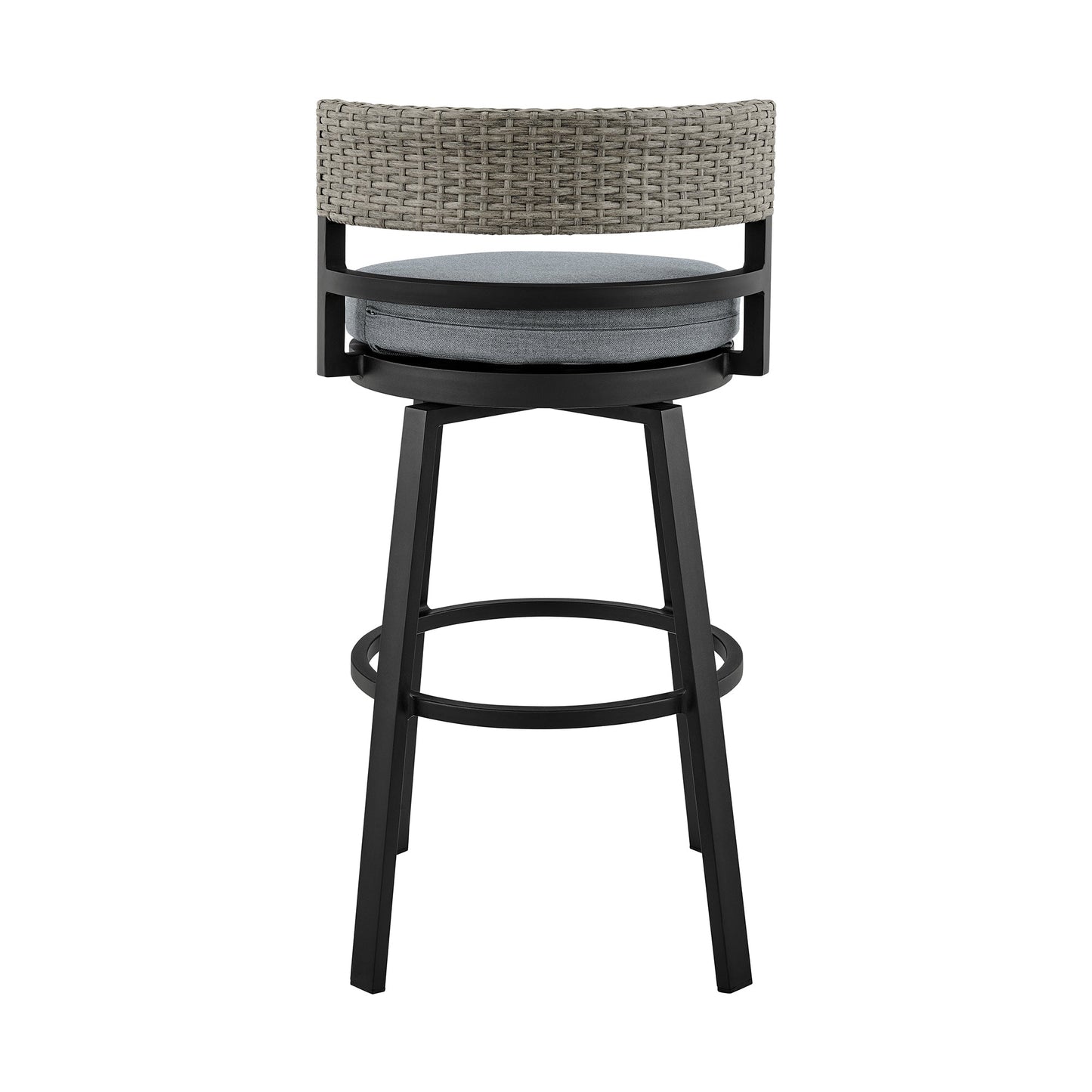 Encinitas Outdoor Patio Swivel Bar Stool in Aluminum and Wicker with Gray Cushions