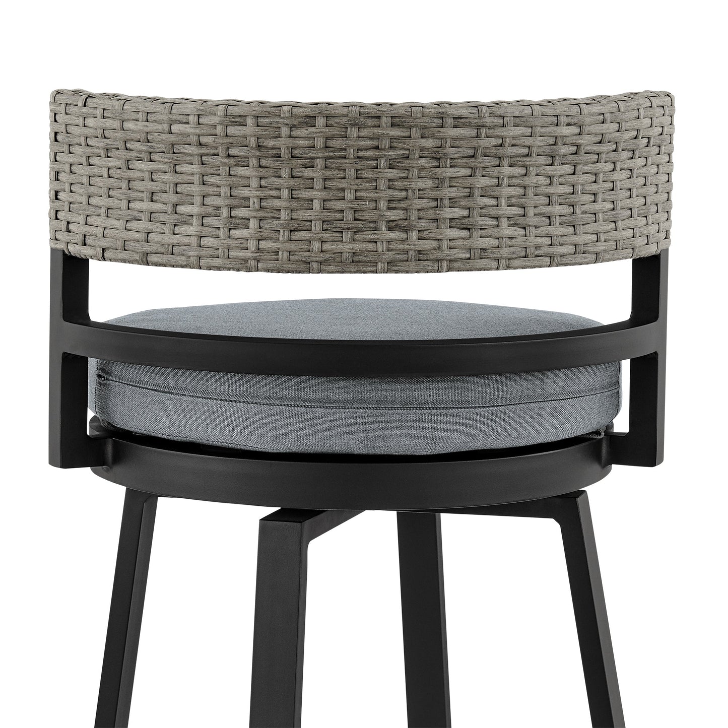 Encinitas Outdoor Patio Swivel Bar Stool in Aluminum and Wicker with Gray Cushions