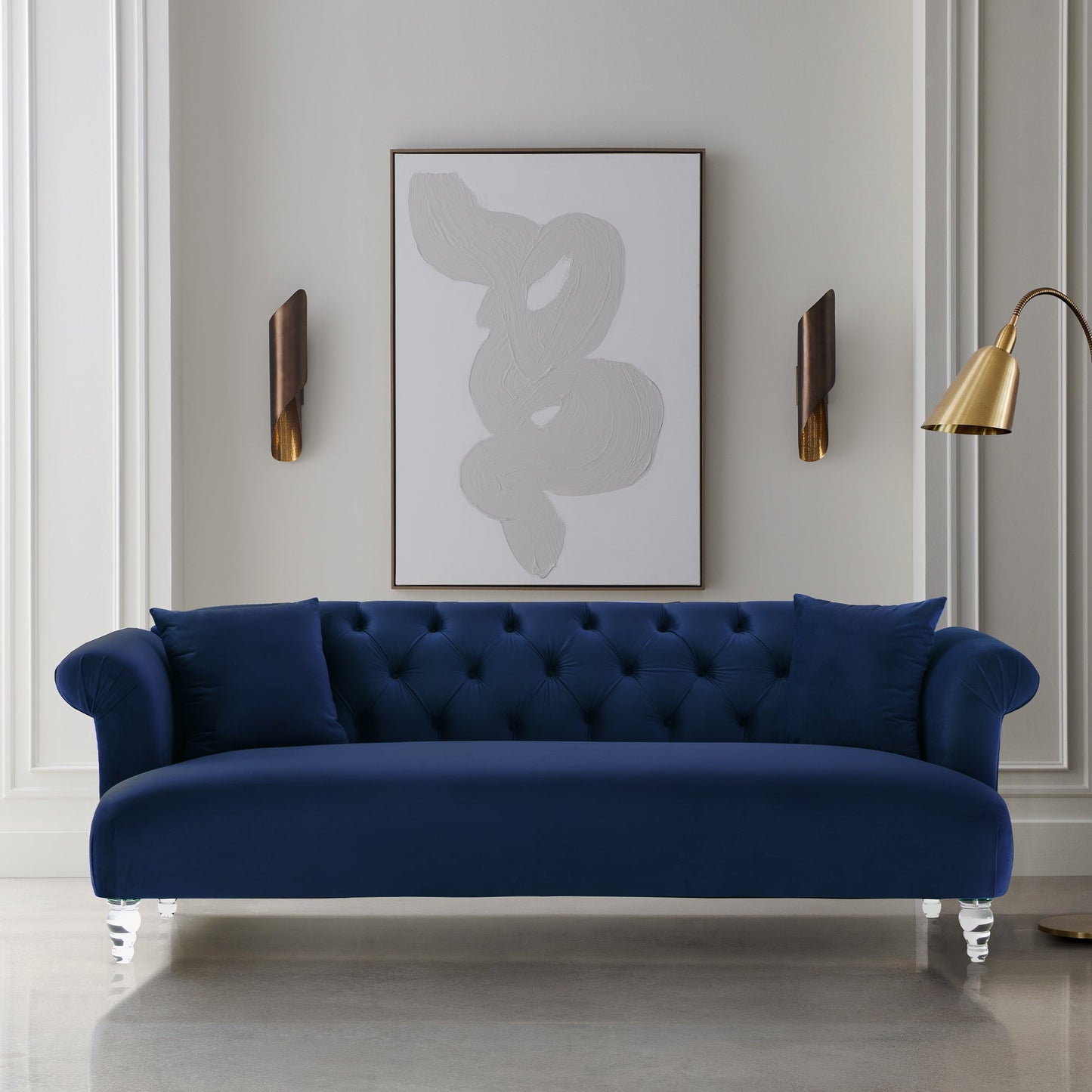 Elegance Contemporary Sofa in Blue Velvet with Acrylic Legs