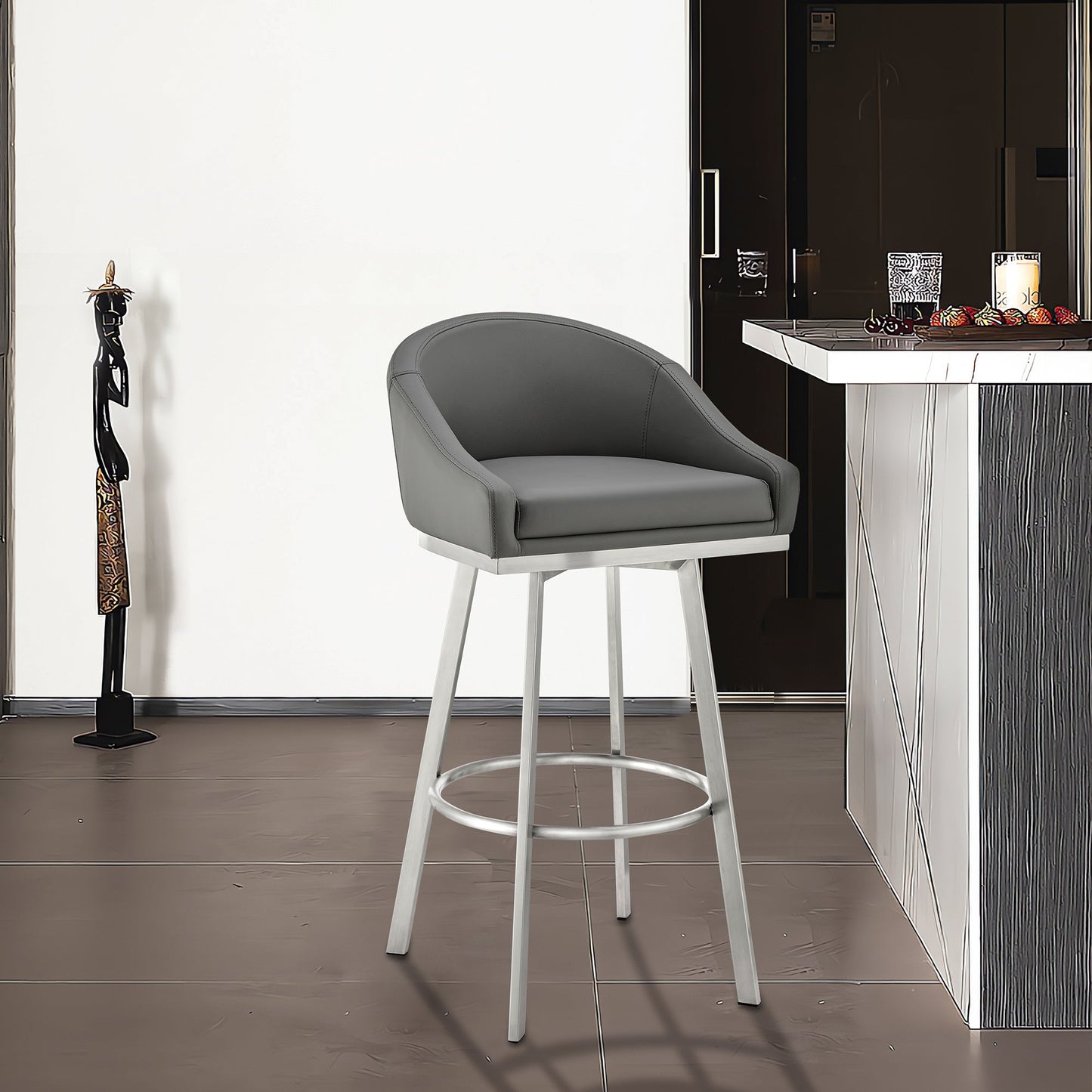 Eleanor 26" Swivel Counter Stool in Brushed Stainless Steel with Gray Faux Leather