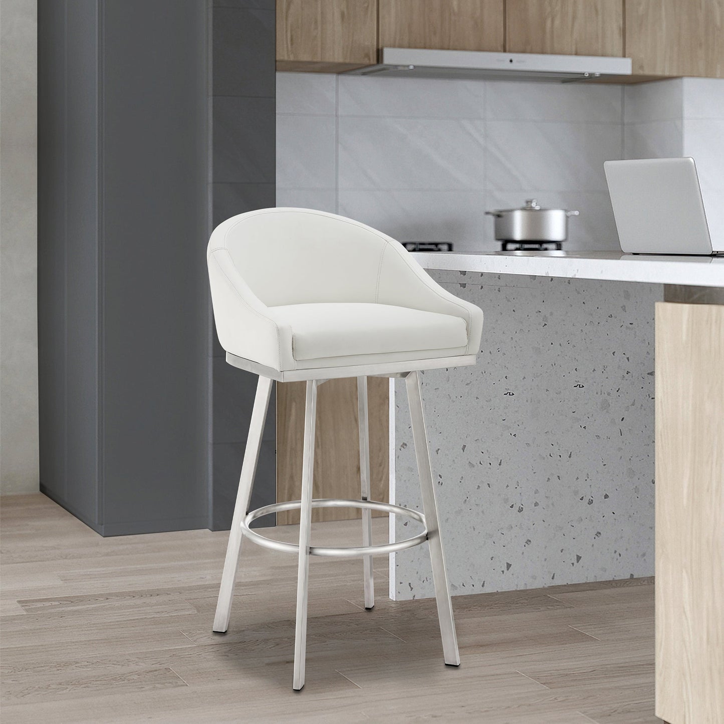 Eleanor 30" Swivel Bar Stool in Brushed Stainless Steel with White Faux Leather