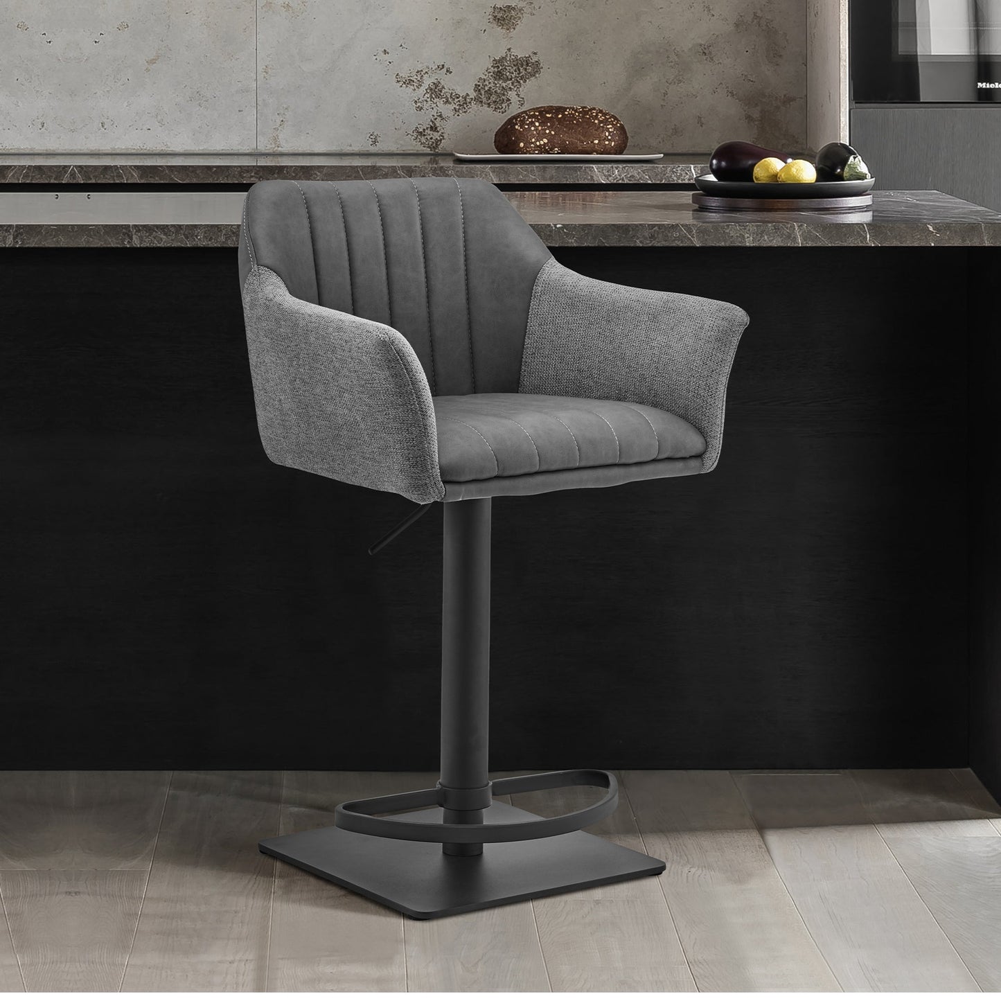 Erin Adjustable Gray Faux Leather and Fabric Metal Swivel Bar Stool