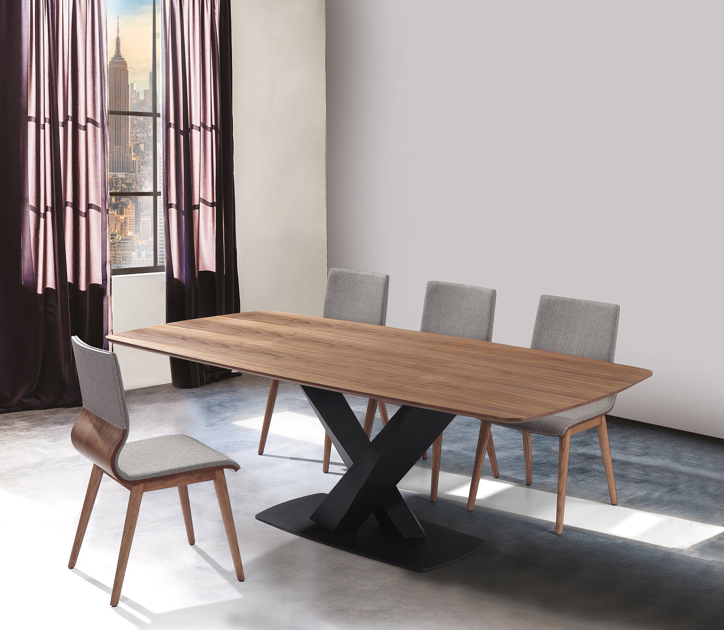 Everett Contemporary Dining Table in Matte Black Finish and Walnut Top